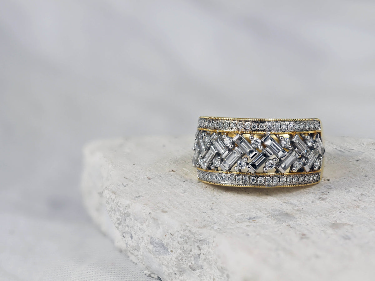 18ct Yellow and White Gold Wide Diamond dress ring, 0.96 carats total