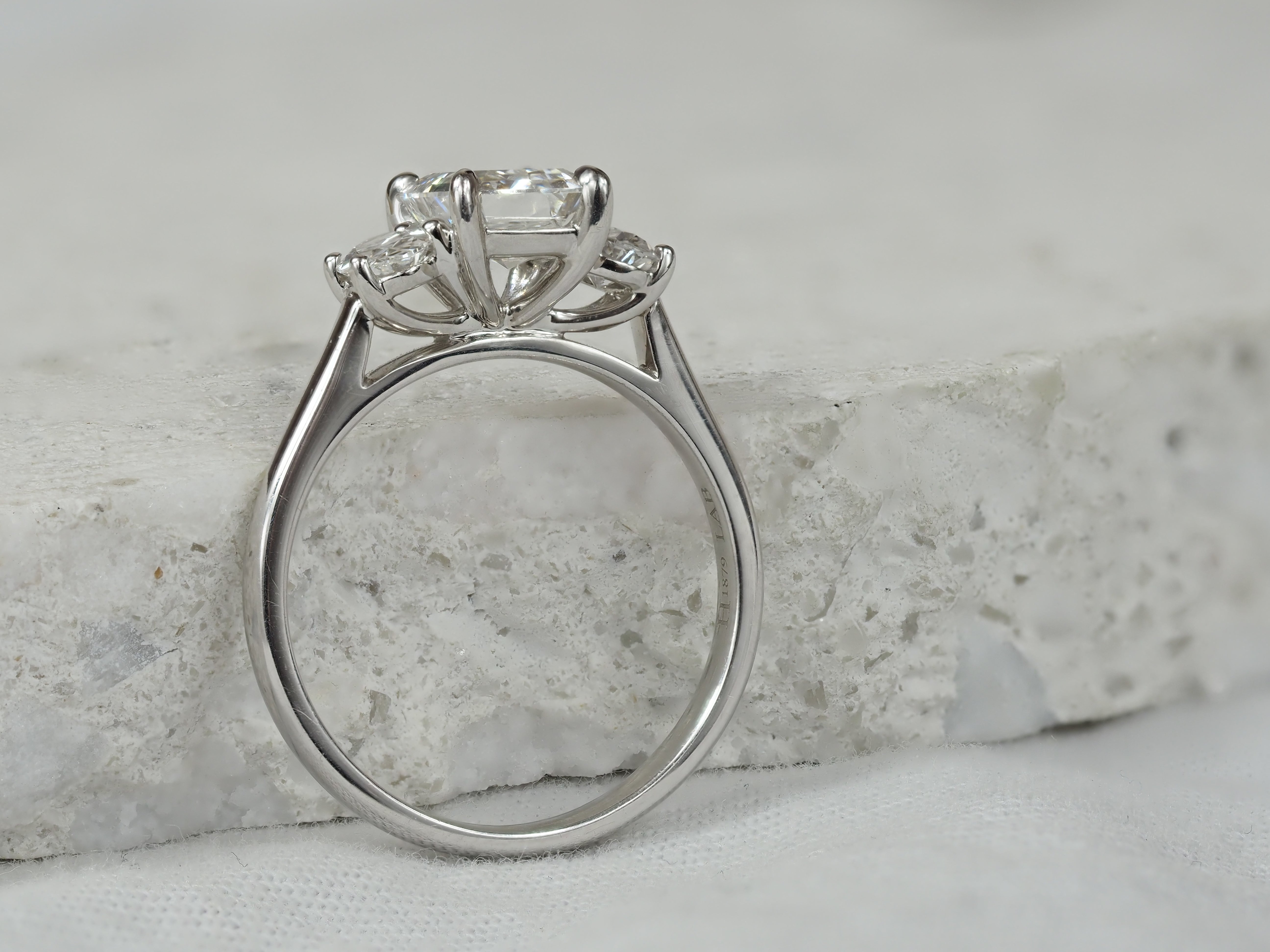 18ct White Gold Lab-Grown Emerald & Oval Trilogy Diamond Engagement Ring, 2.08ct total