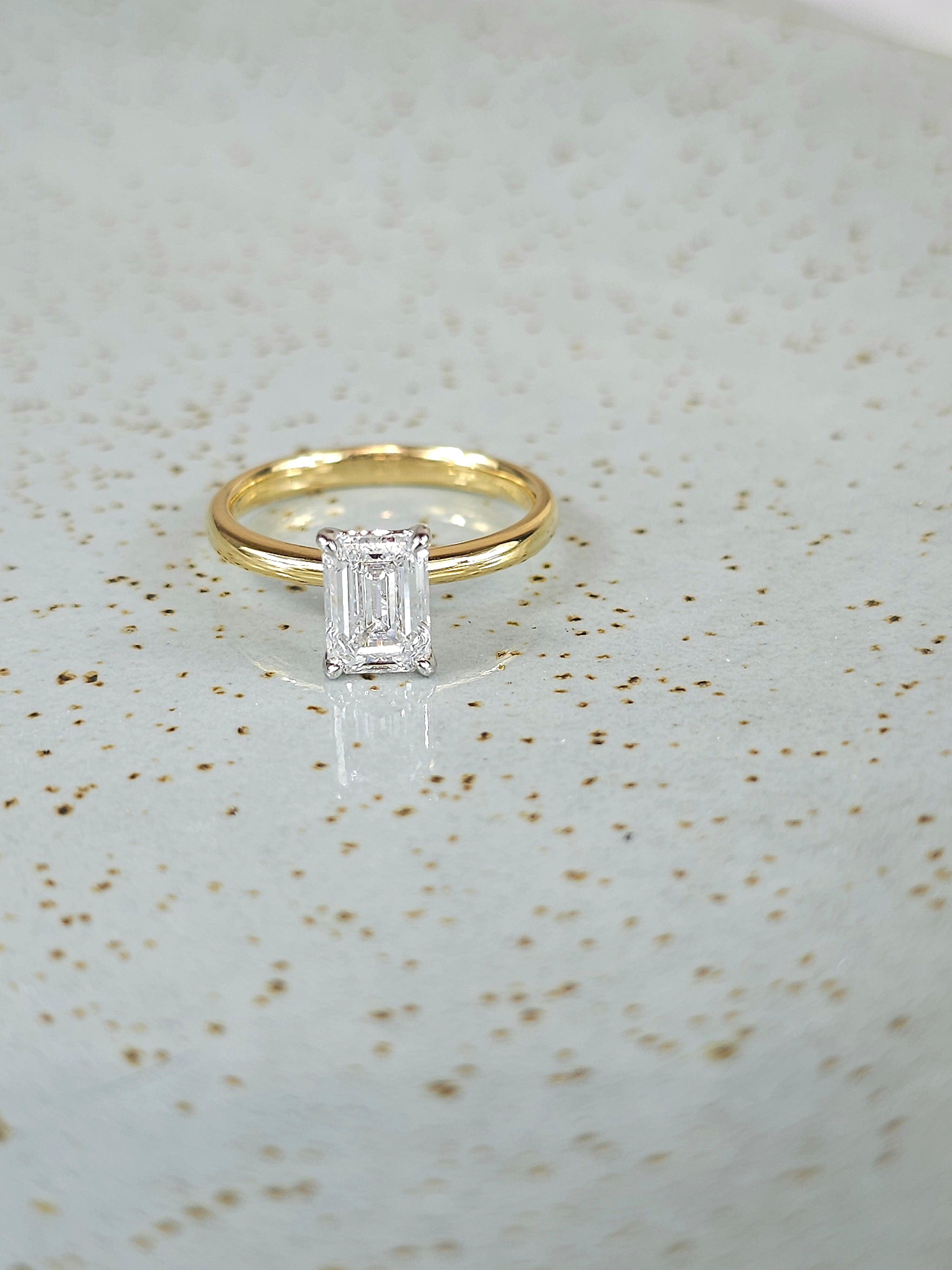 18ct Yellow and White Gold Lab-Grown Emerald cut Diamond Engagement ring, 1.52ct Centre