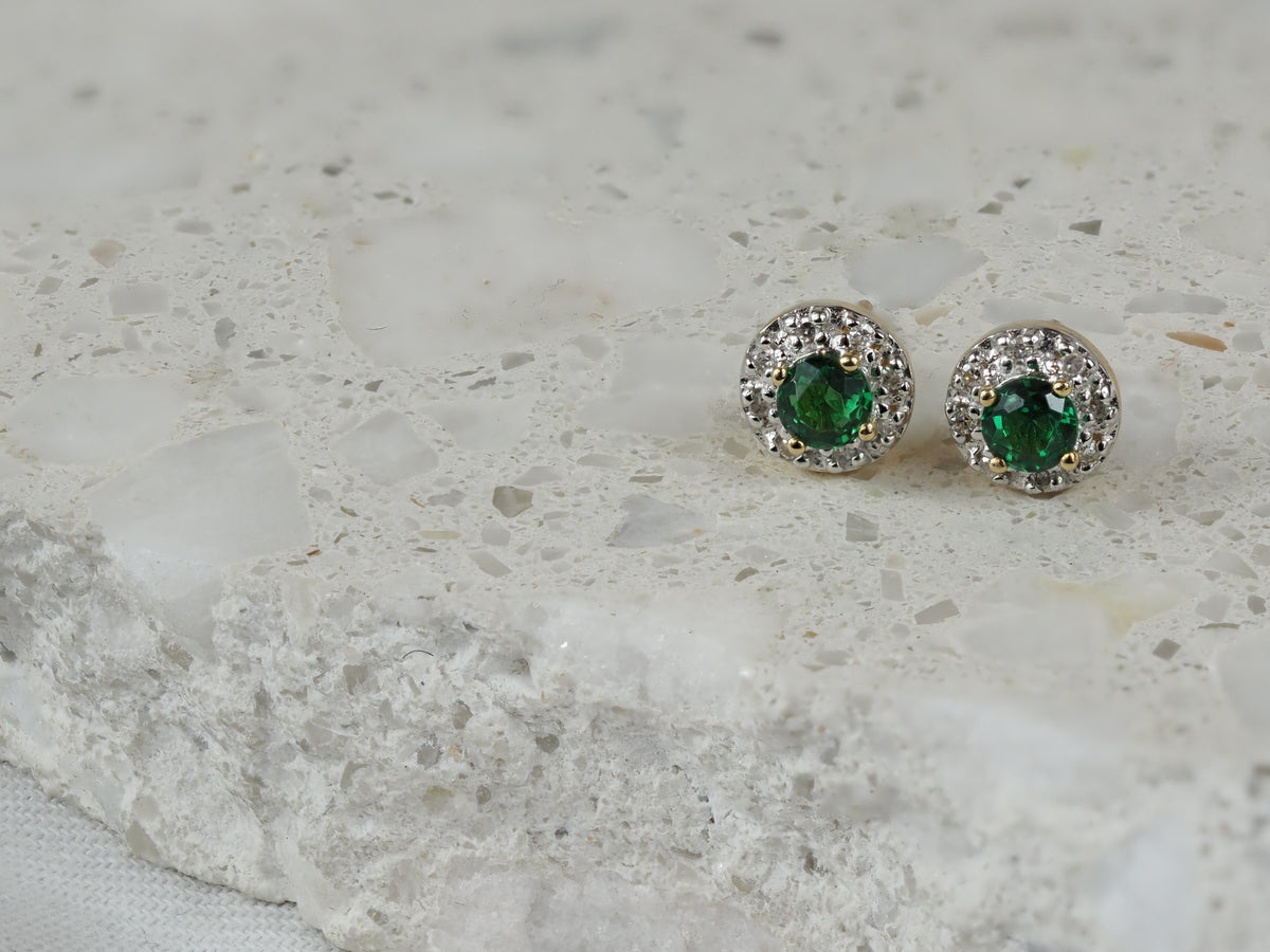9ct Yellow Gold Emerald and Diamond Stud Earrings