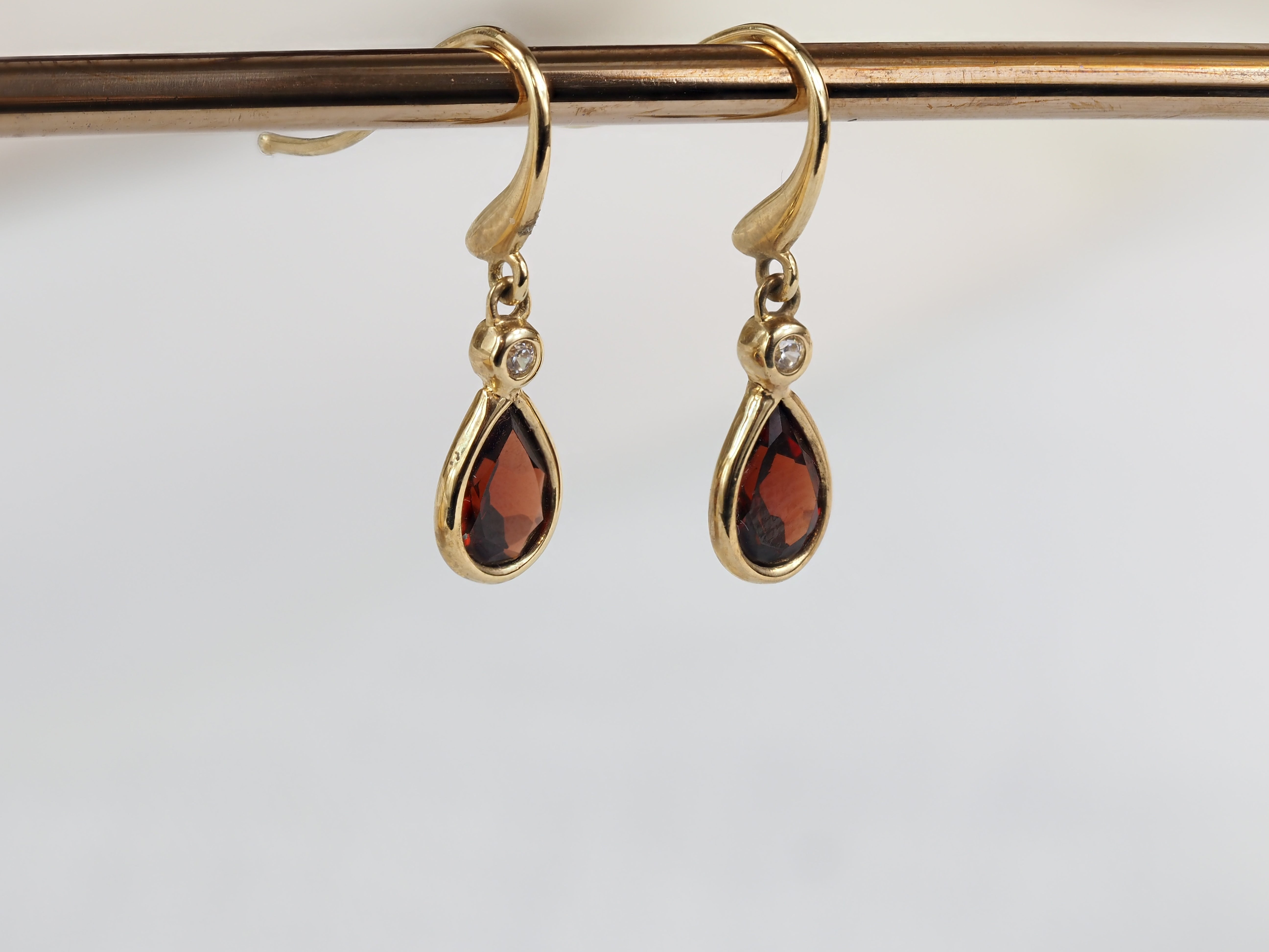 9ct Yellow Gold Garnet and Cubic Zirconia Drop Earrings