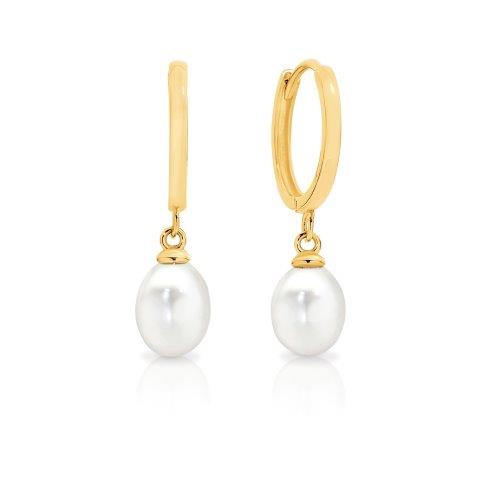 9ct Yellow Gold Pearl Dangle Huggie Earrings