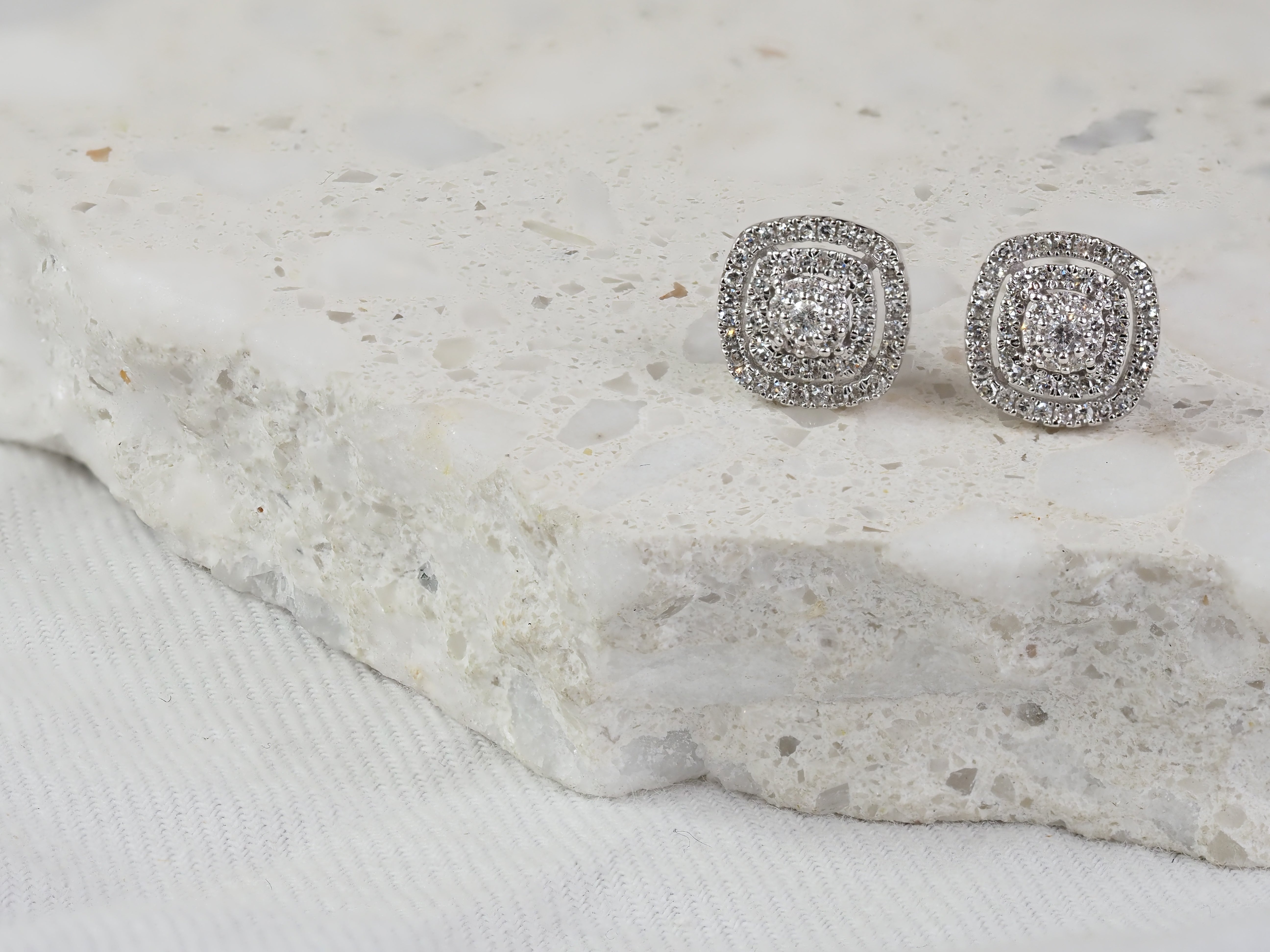 9ct White Gold Cushion-Shaped Cluster Diamond Stud Earrings