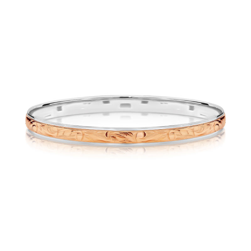 9ct Rose Gold and Sterling Silver Engraved Bangle, 65mm