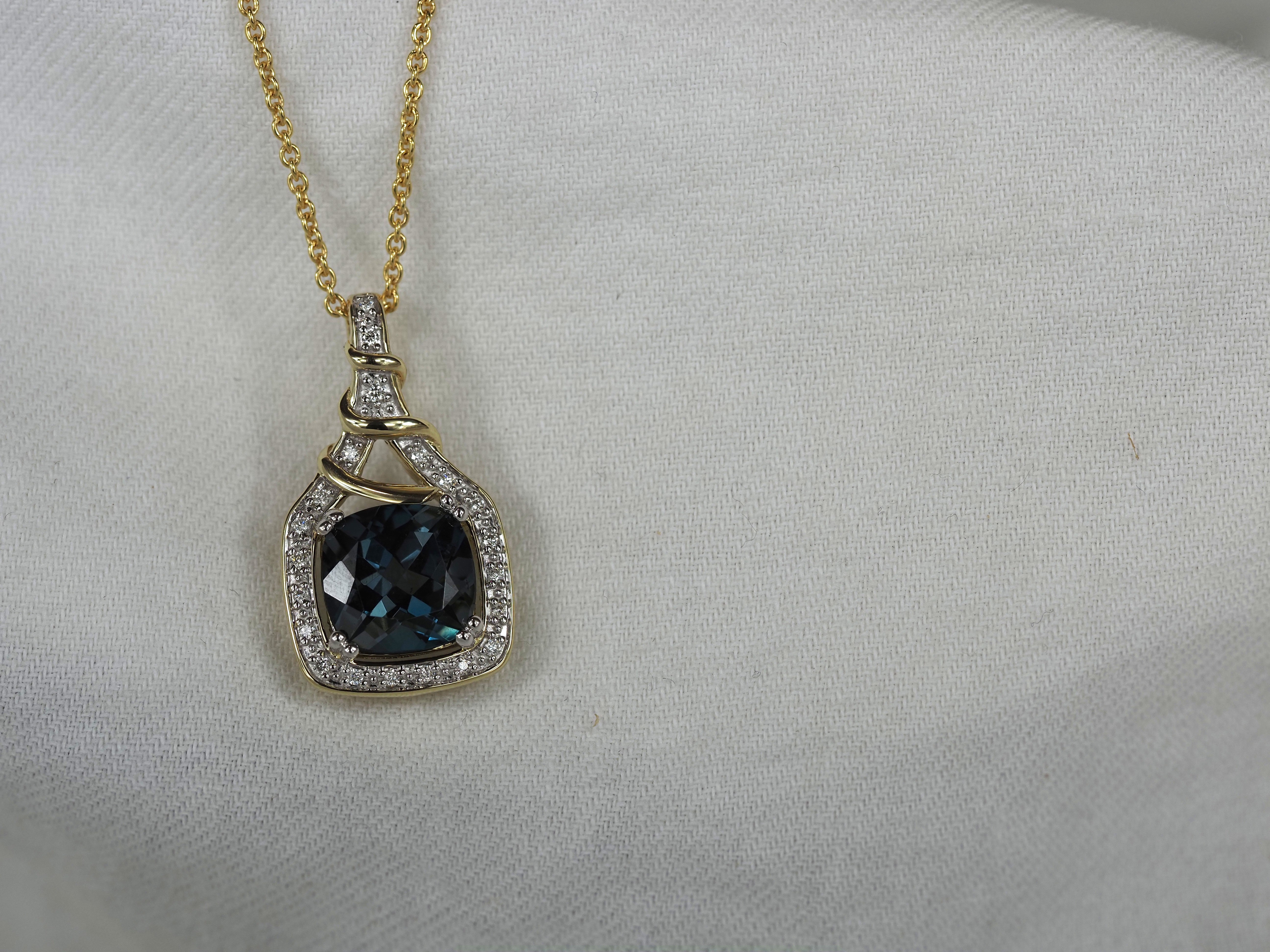 9ct Yellow and White Gold Blue Topaz and Diamond Pendant, 9mm Centre