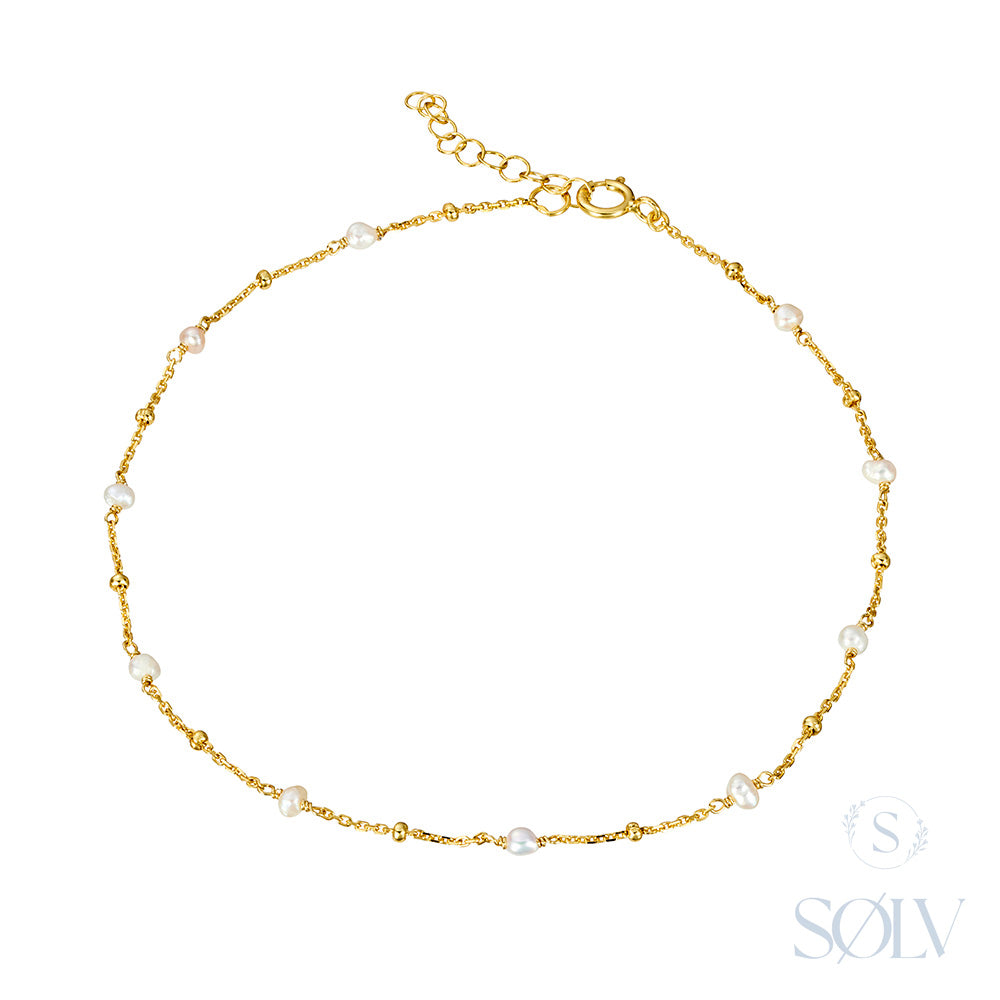 Solv Sterling Silver Yellow Gold Plated Freshwater Pearl and Bead Bracelet, 16cm