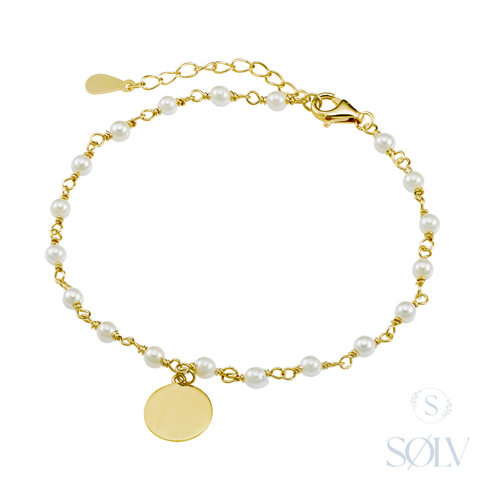 Solv Sterling Silver Yellow Gold Plated Pearl and Disc Bracelet, 17cm