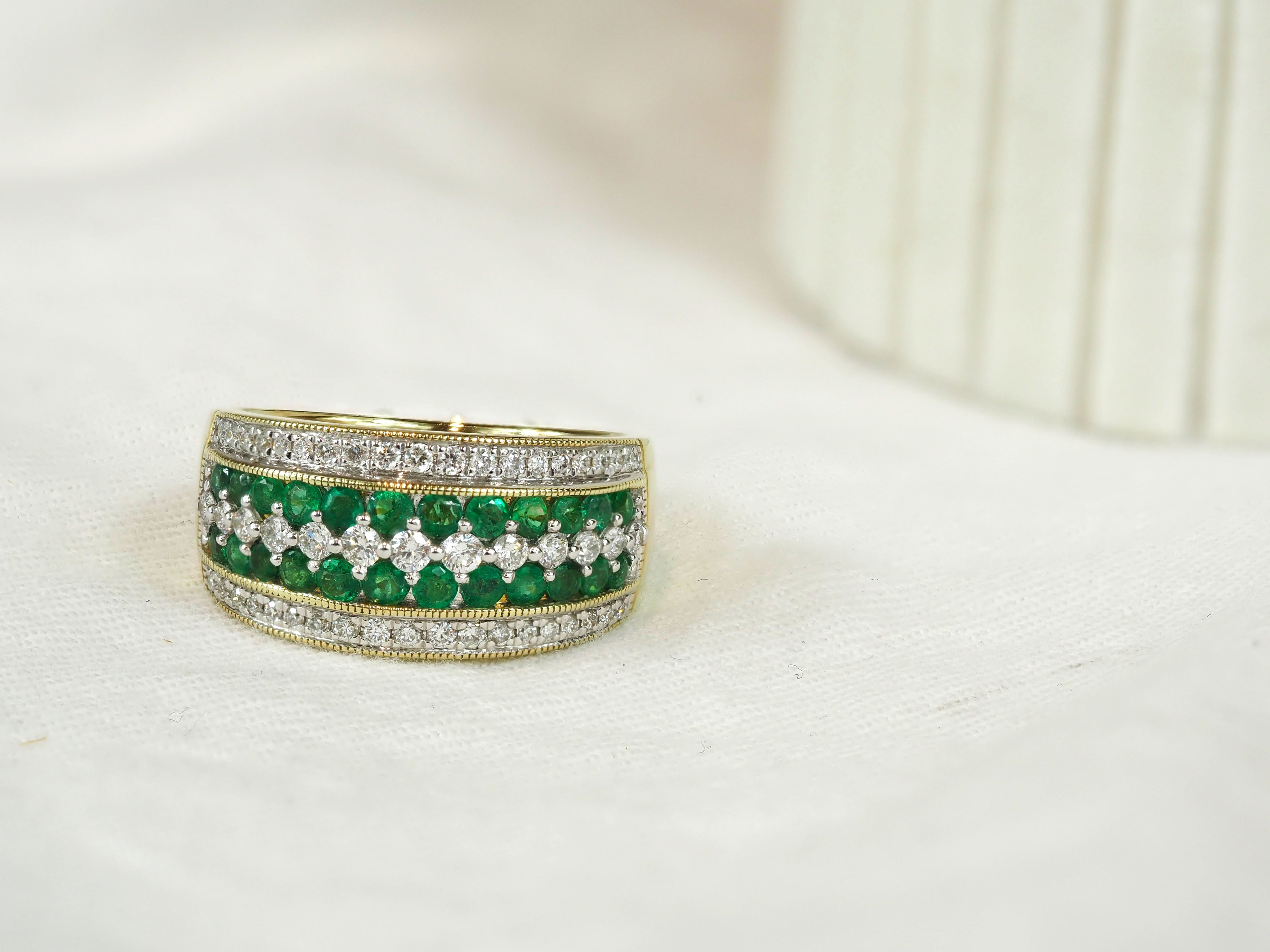 9ct Yellow and White Gold Emerald and Diamond multirow ring
