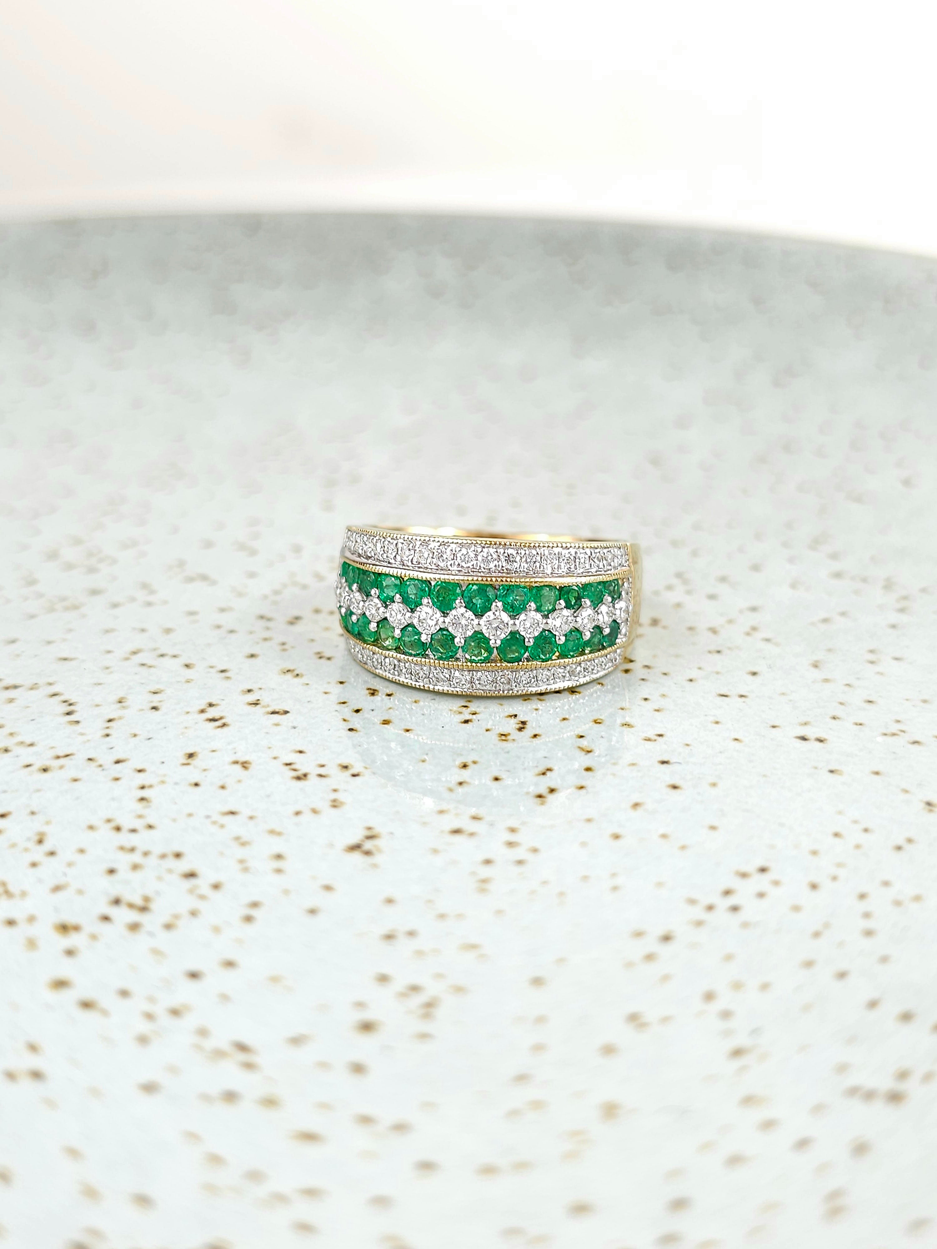 9ct Yellow and White Gold Emerald and Diamond multirow ring
