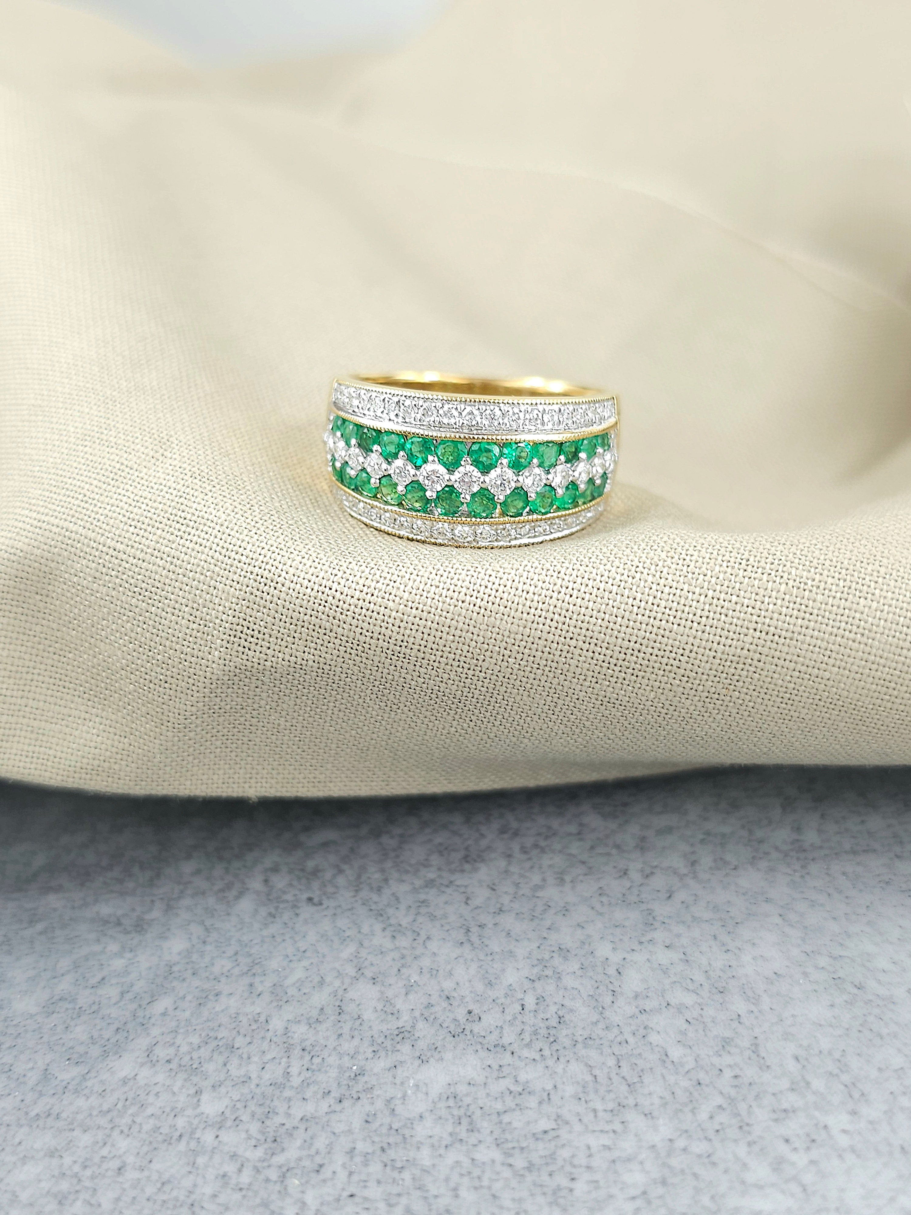 9ct Yellow and White Gold Emerald and Diamond multirow ring