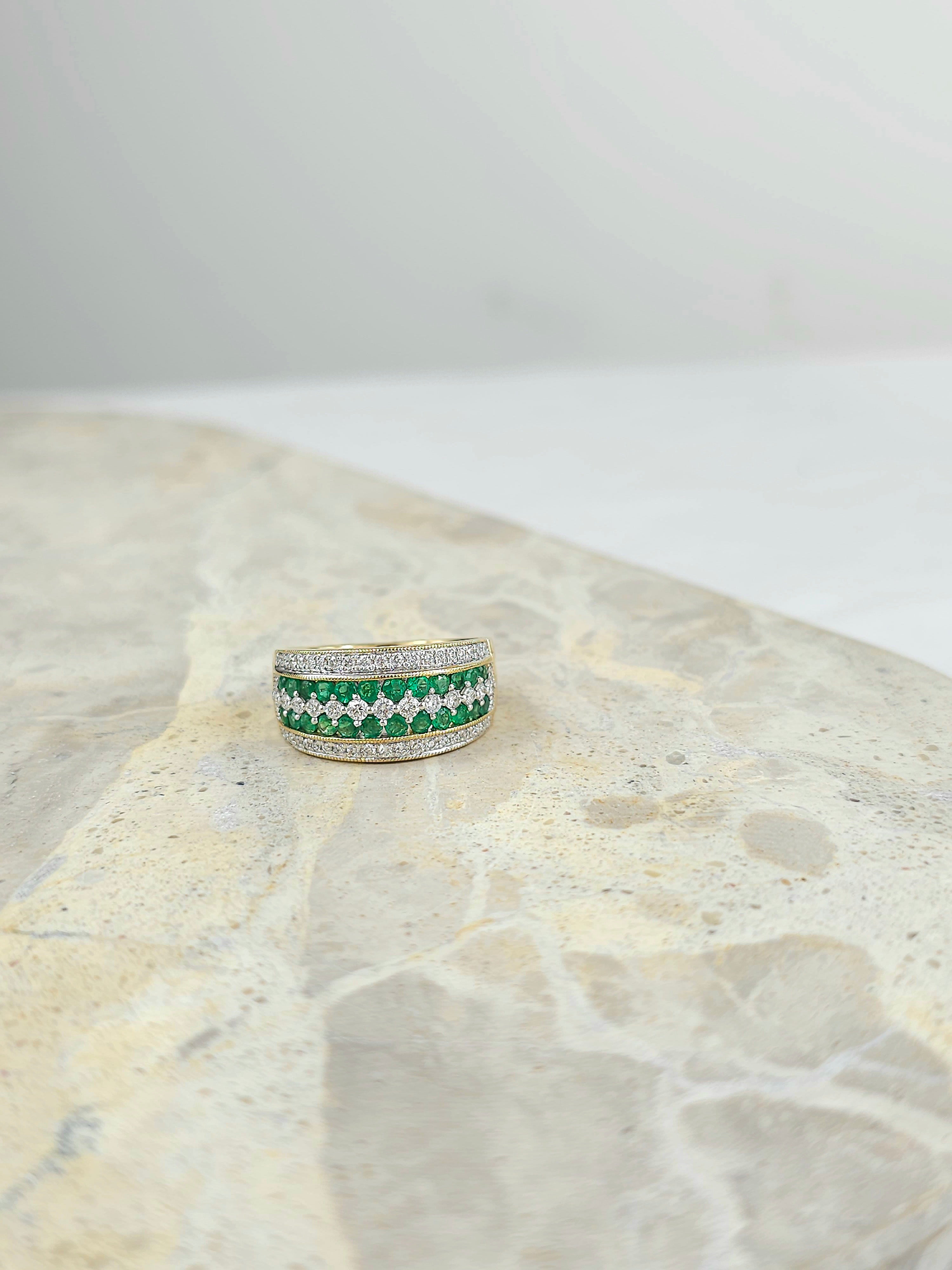 9ct Yellow and White Gold Emerald and Diamond multirow ring