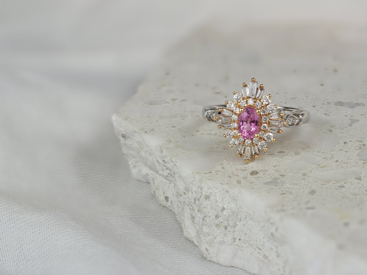 18ct Rose and White Gold, Pink Sapphire and Diamond ring