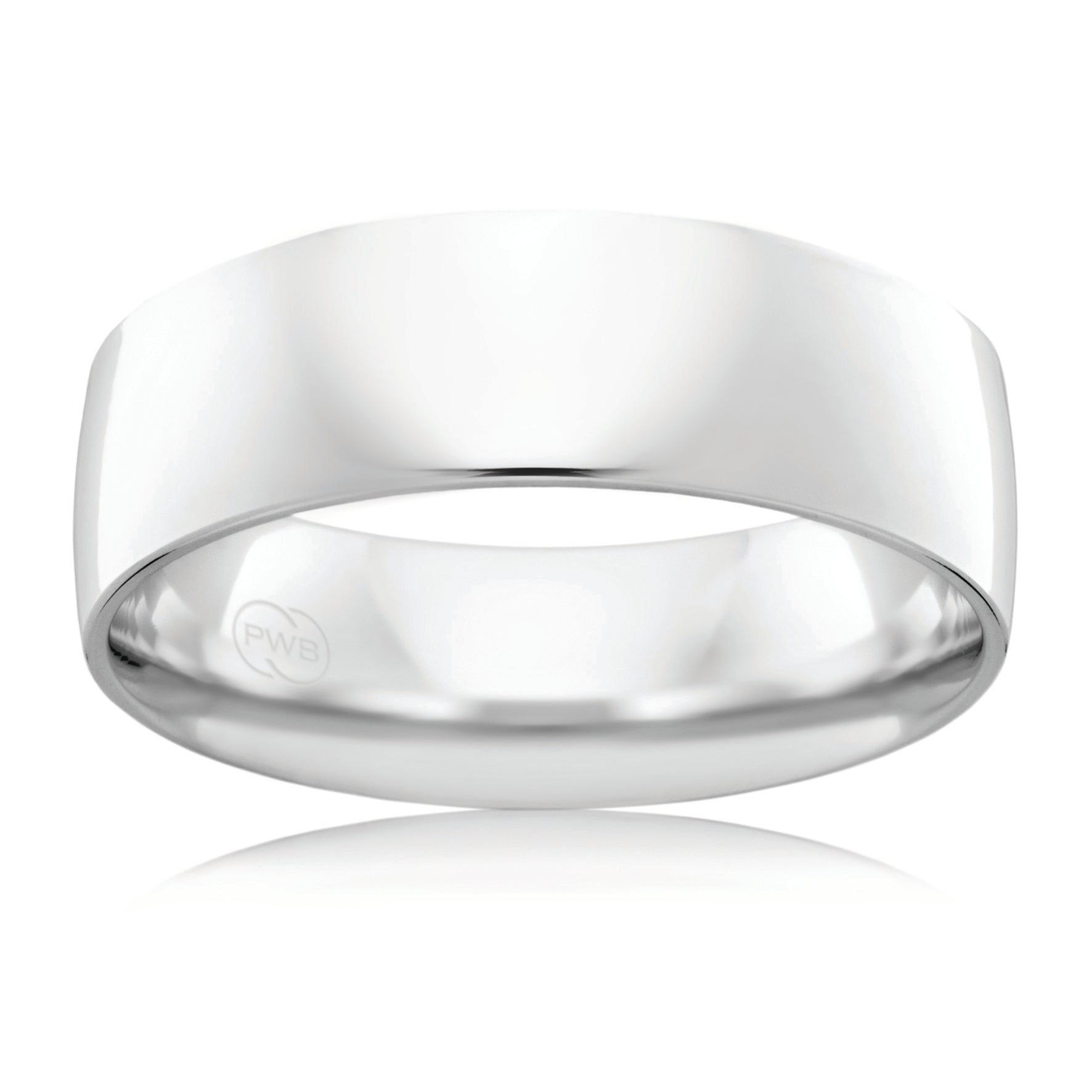 9ct White Gold 7mm Crescent profile wedding band, polished finish, size V