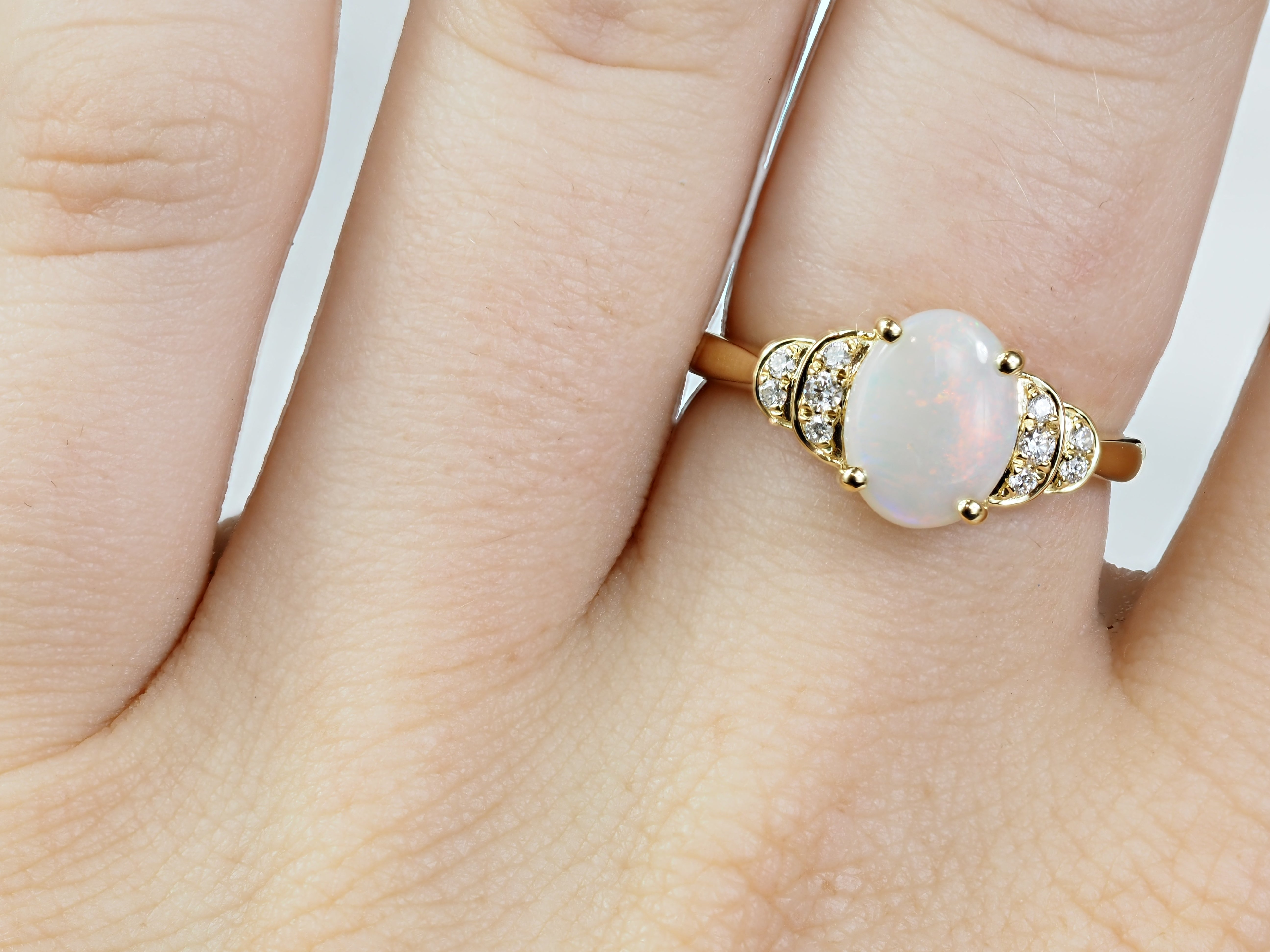 18ct Yellow Gold White Opal and Diamond Ring