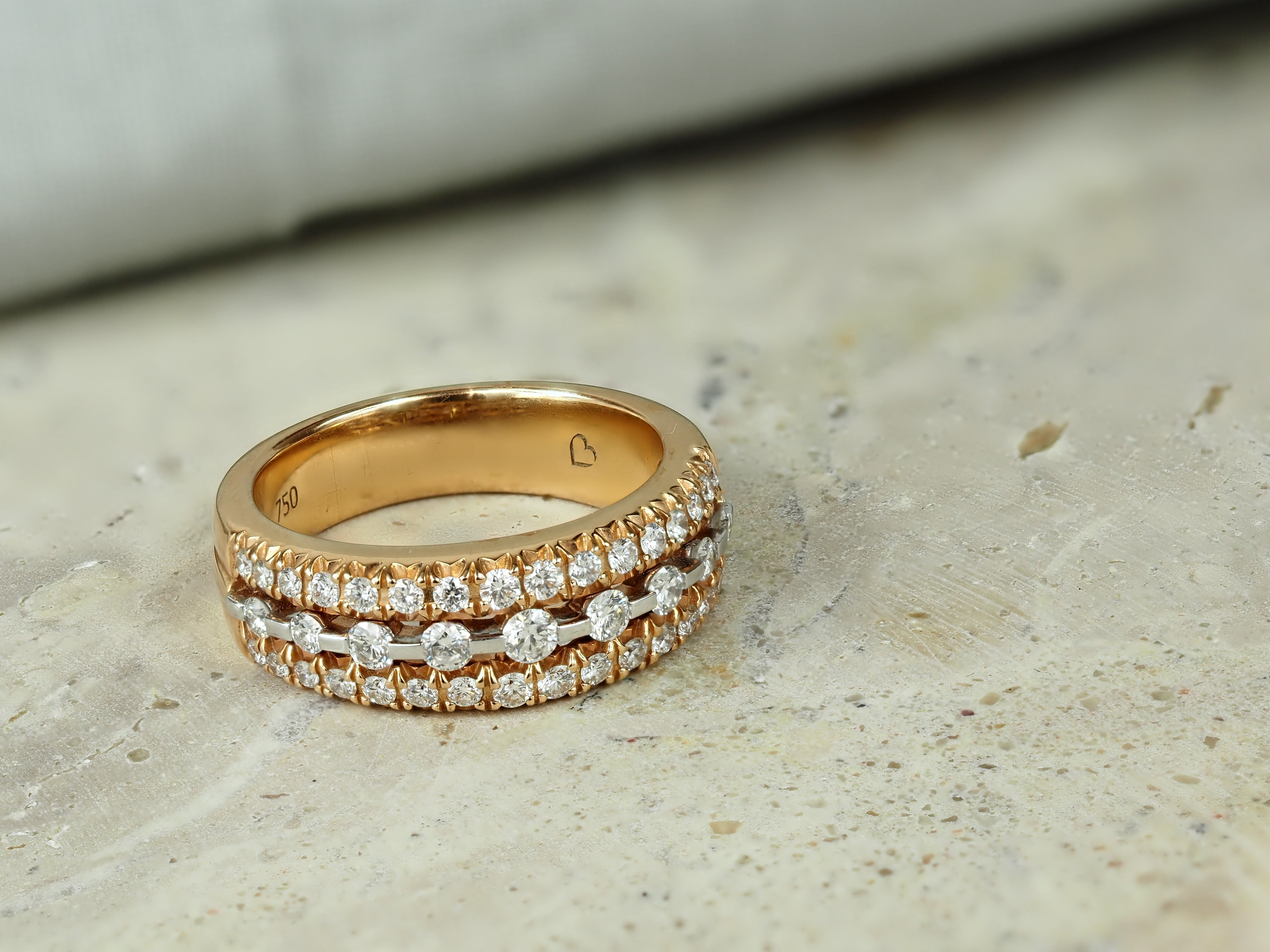 18ct Rose and White Gold 3 Row Diamond Ring, 0.75ct Total
