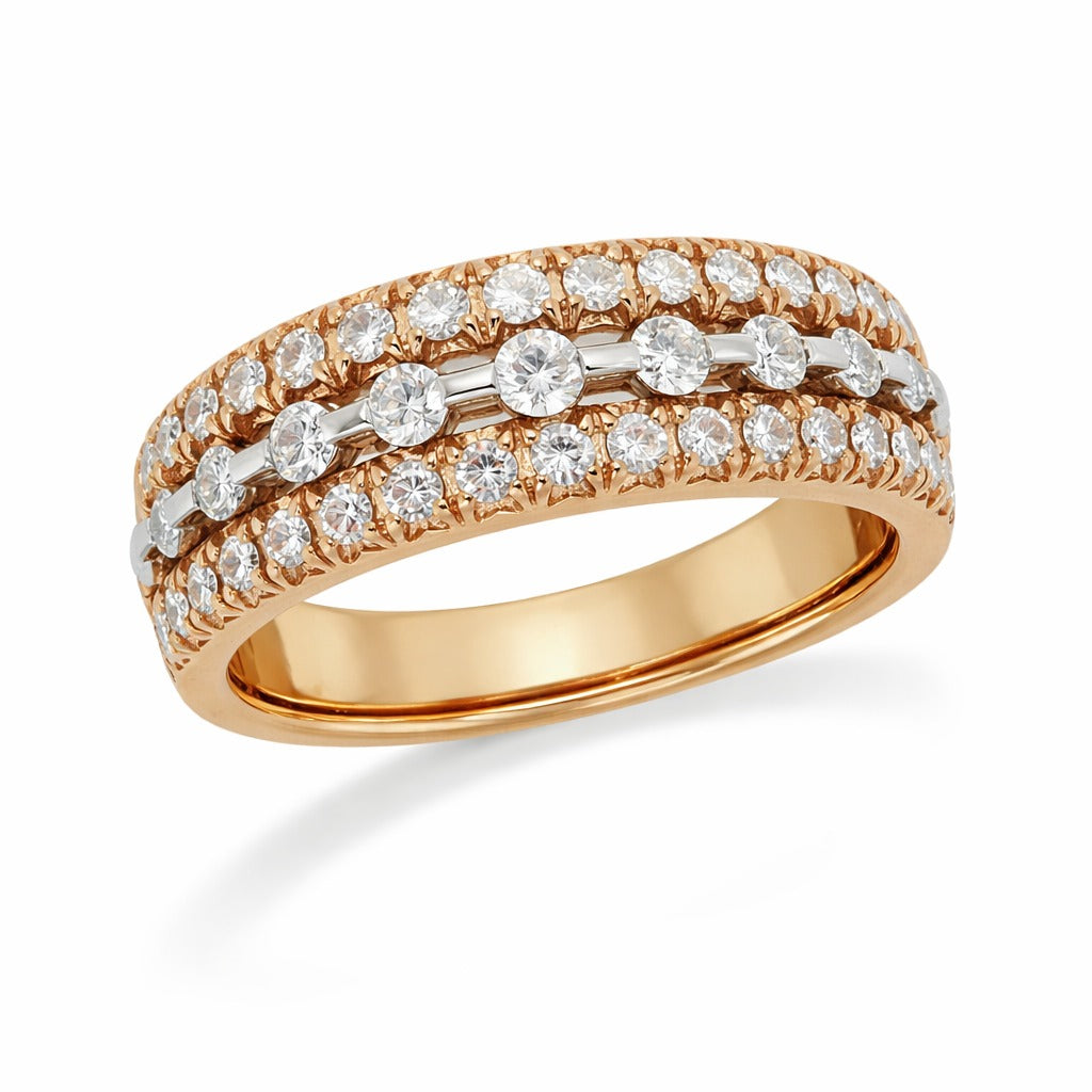 18ct Rose and White Gold 3 Row Diamond Ring, 0.75ct Total