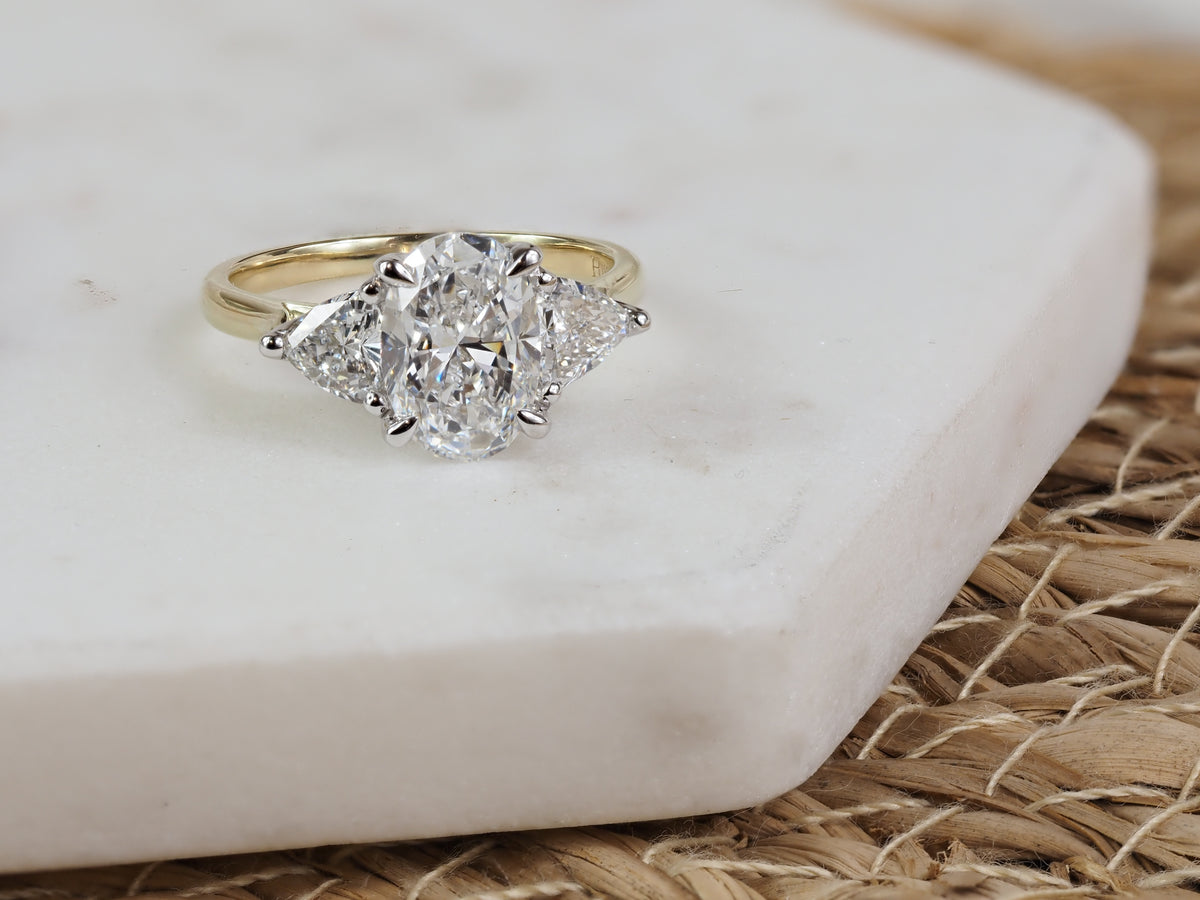 18ct Yellow and White Gold Oval and Trilliant Lab-Grown Diamond Engagement Ring, 2.03ct Centre