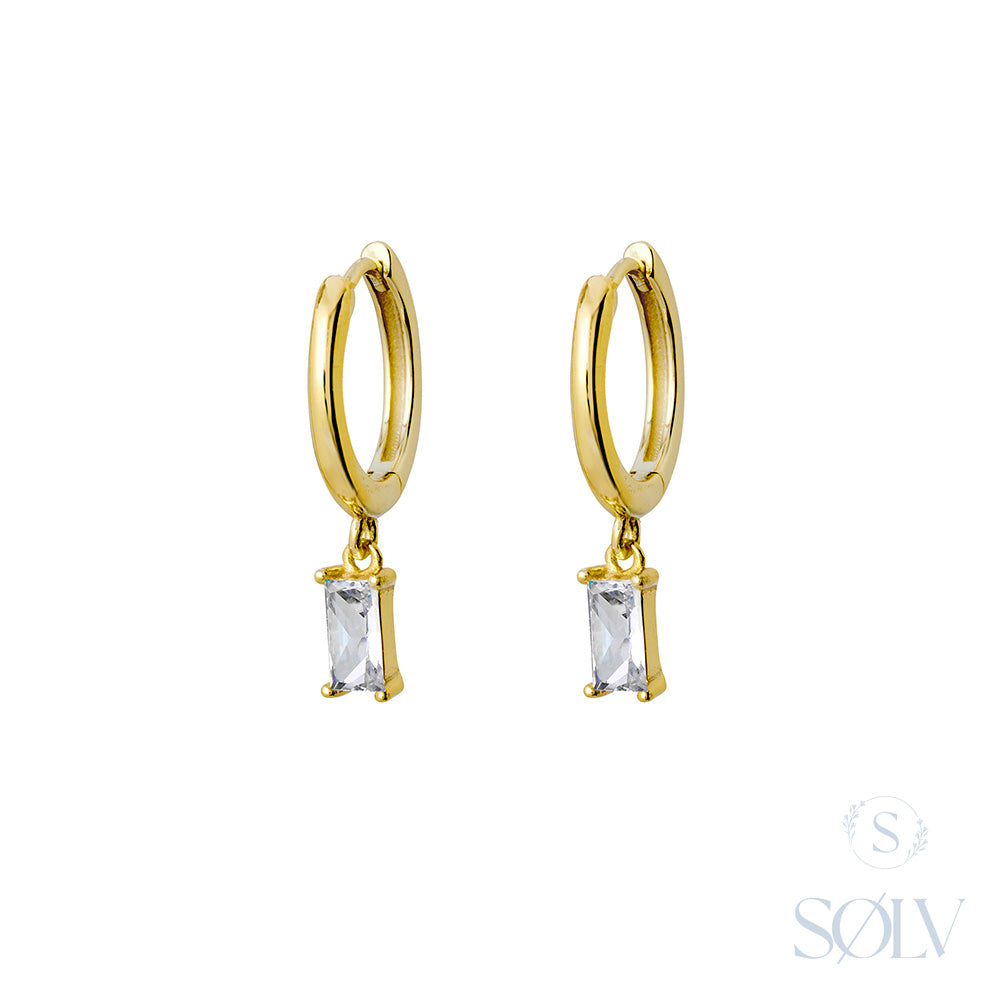 Solv Sterling Silver Gold Plated Baguette Drop Huggie Earrings