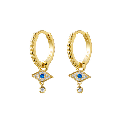 Solv Sterling Silver Gold Plated Evil Eye Huggie Earrings