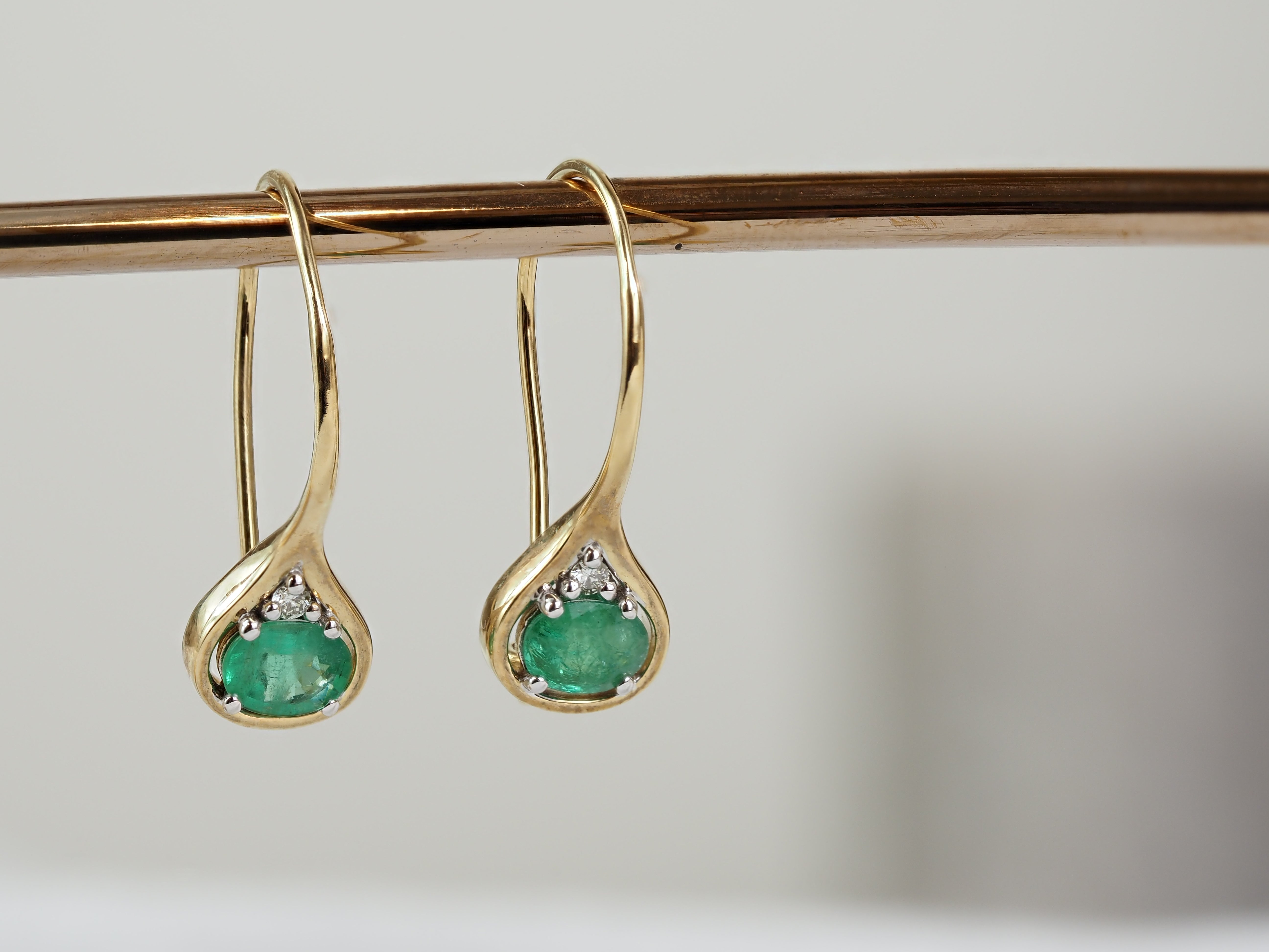 9ct Yellow Gold Emerald and Diamond Shepherd Hook Earrings
