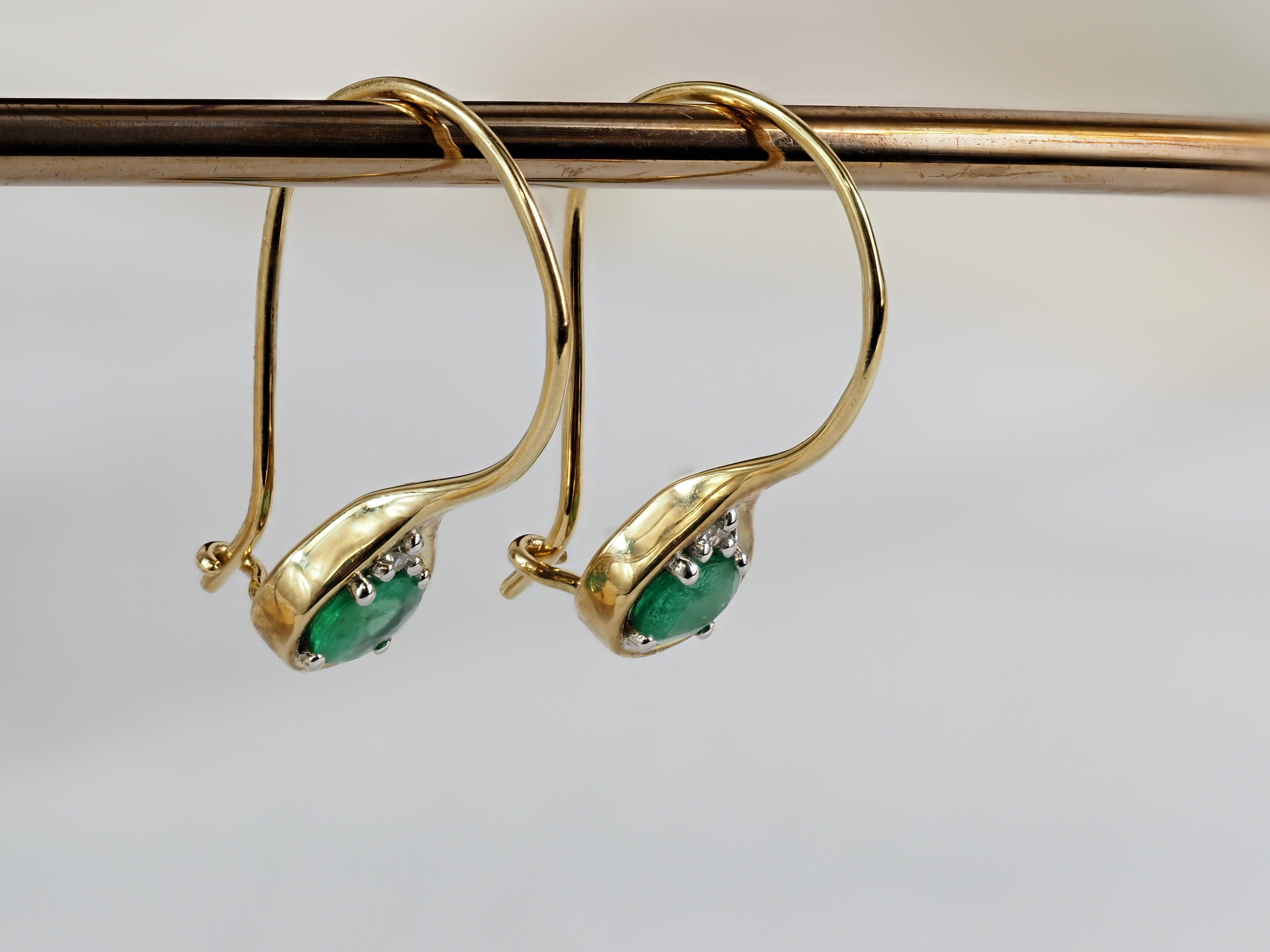 9ct Yellow Gold Emerald and Diamond Shepherd Hook Earrings