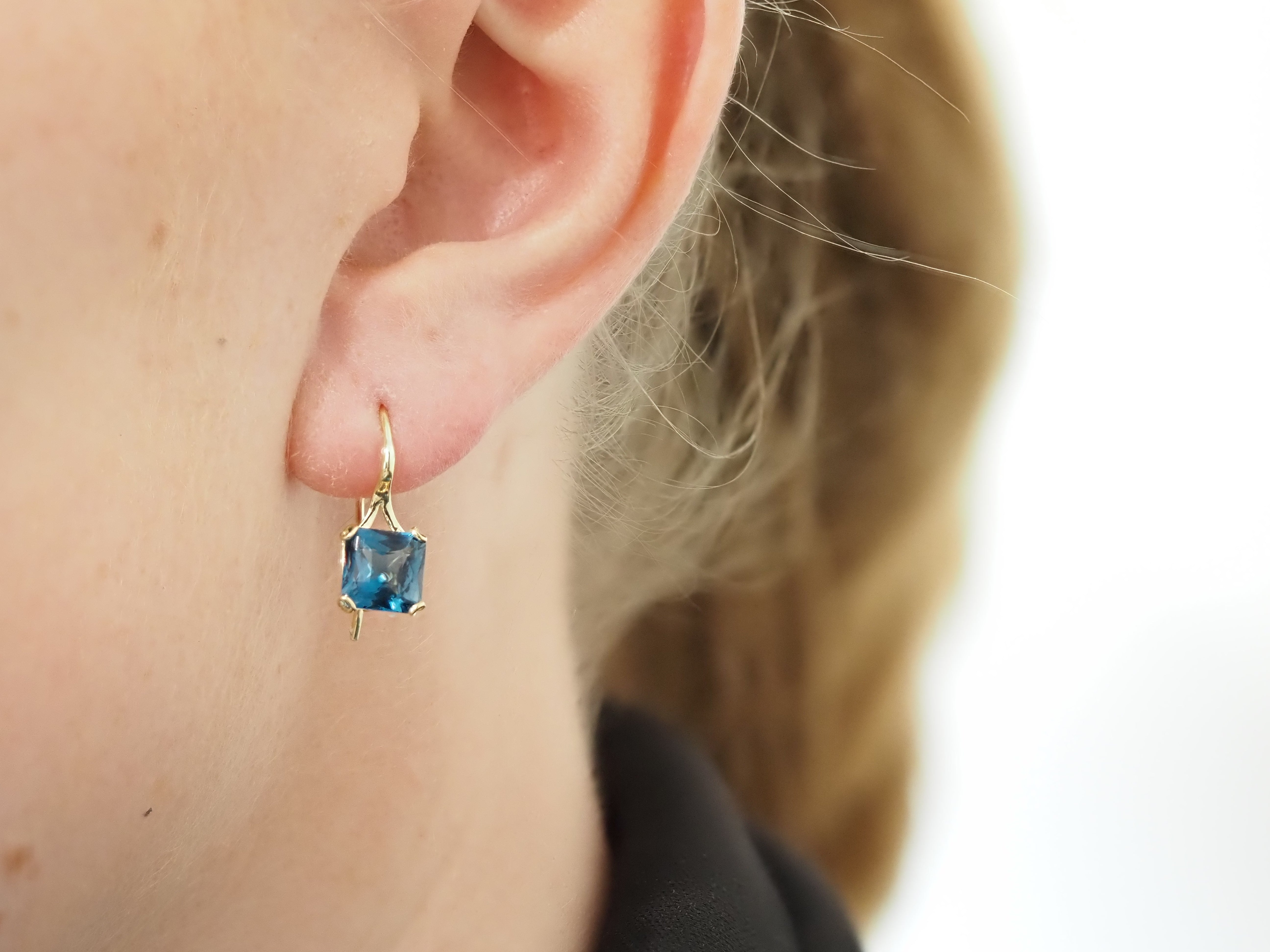 9ct Yellow Gold London Blue Topaz Shepard Hook Earrings