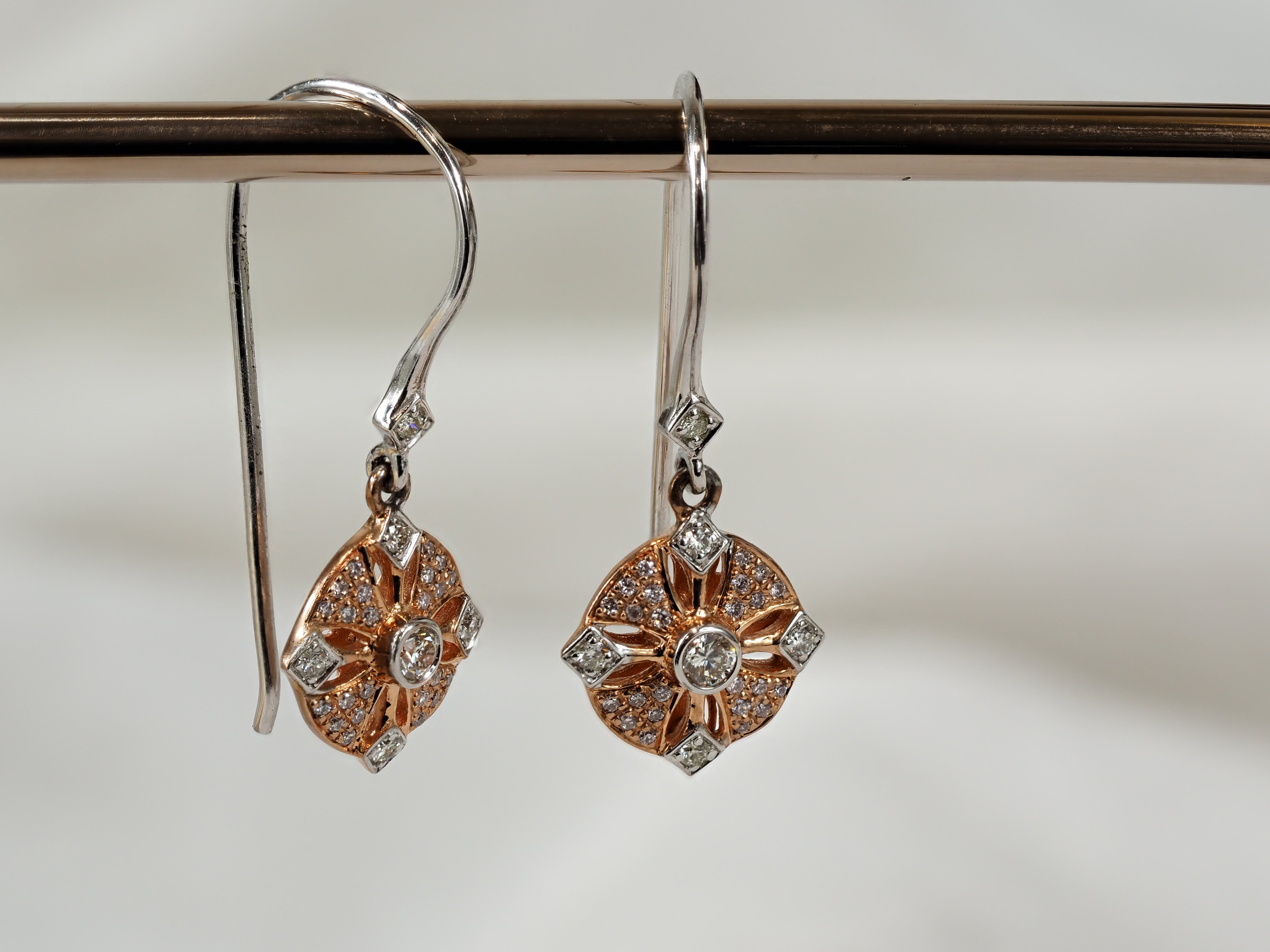 9ct Rose and White gold 'Pink Caviar' Argyle Diamond Shepherd hook earrings, 0.25ct total