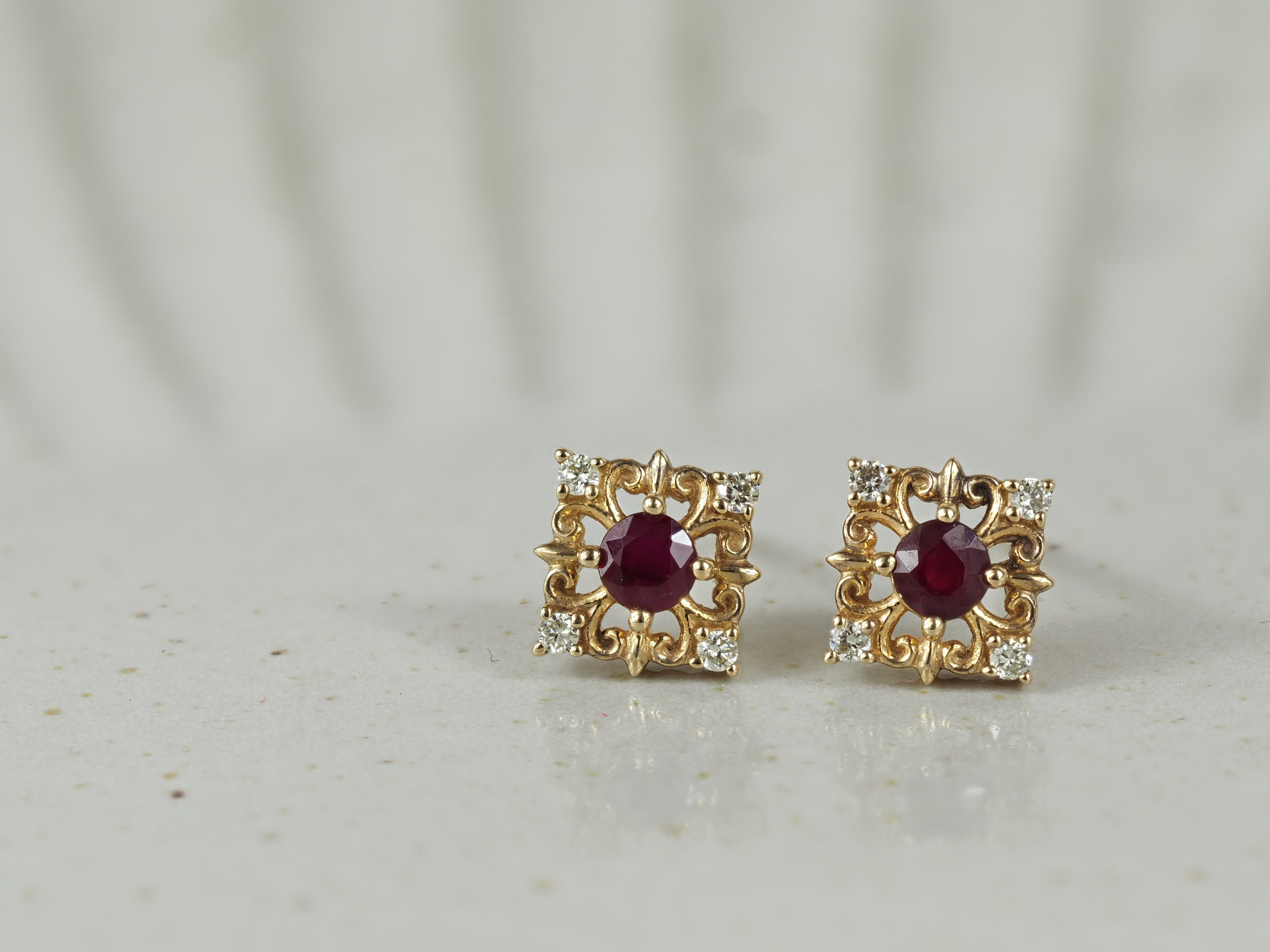 9ct Yellow Gold Ruby and Diamond Stud Earrings