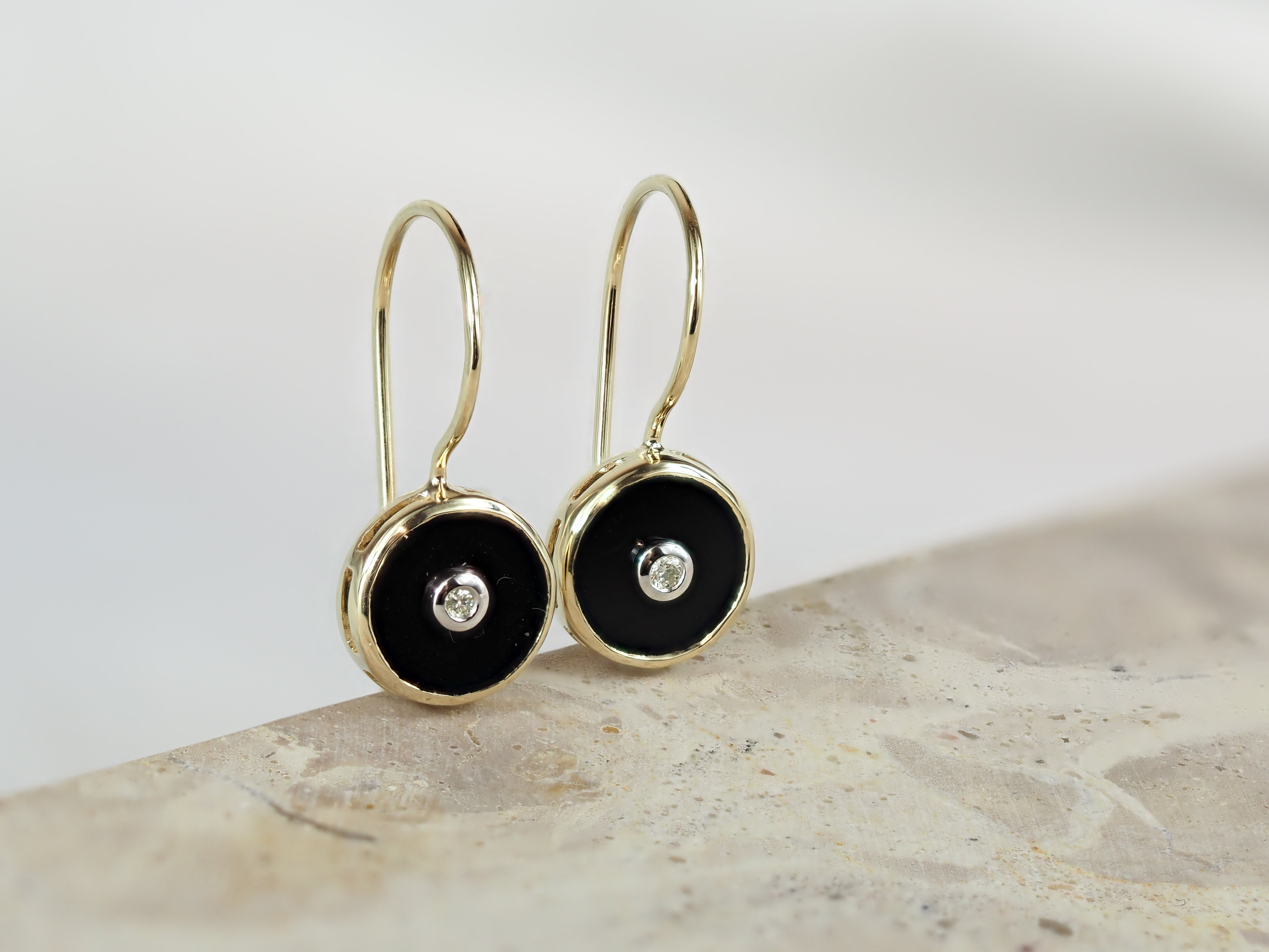 9ct Yellow Gold Onyx and Diamond Shepard Hook Earrings