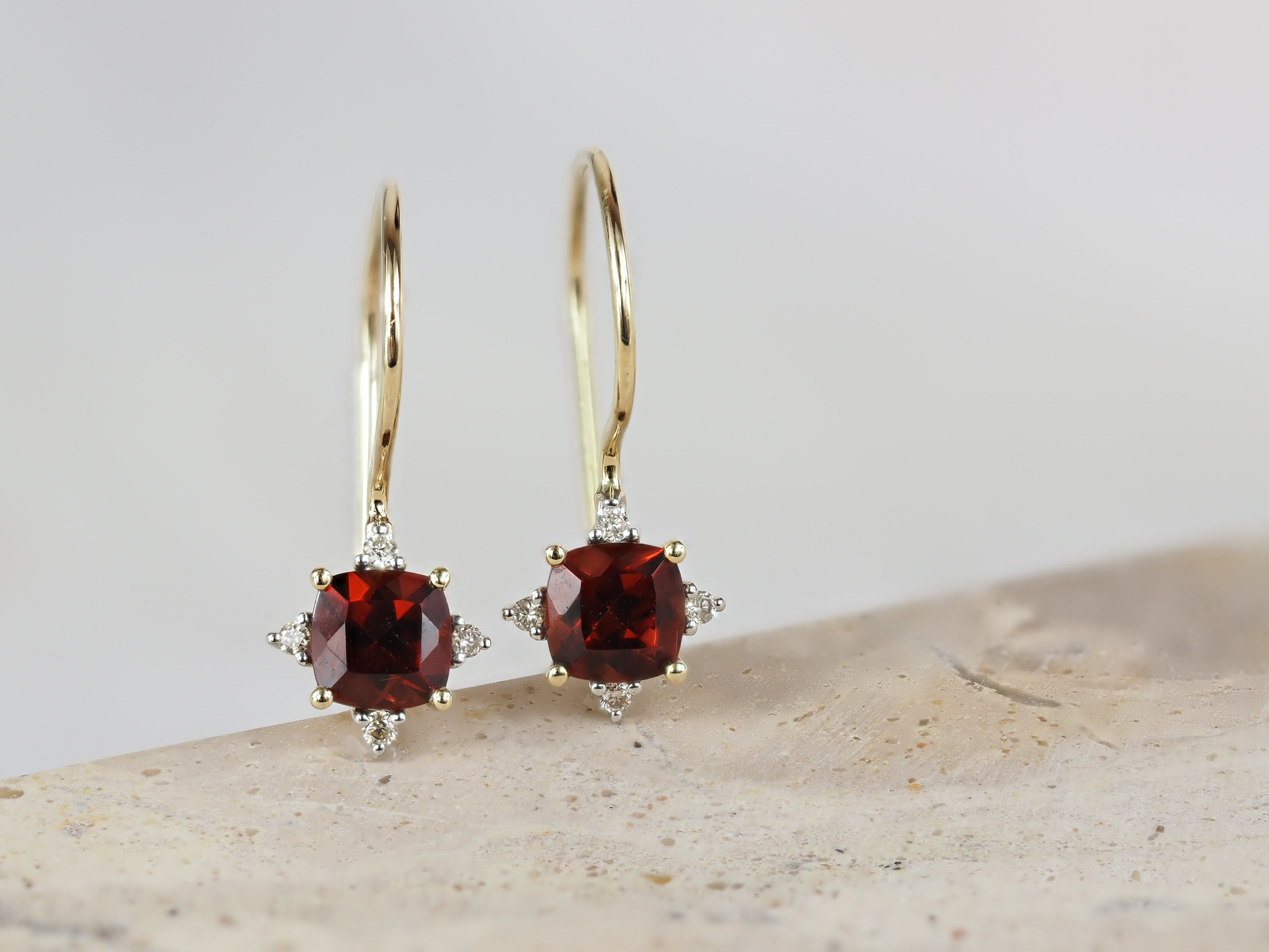 9ct Yellow Gold Garnet and Diamond Shepherd Hook Earrings