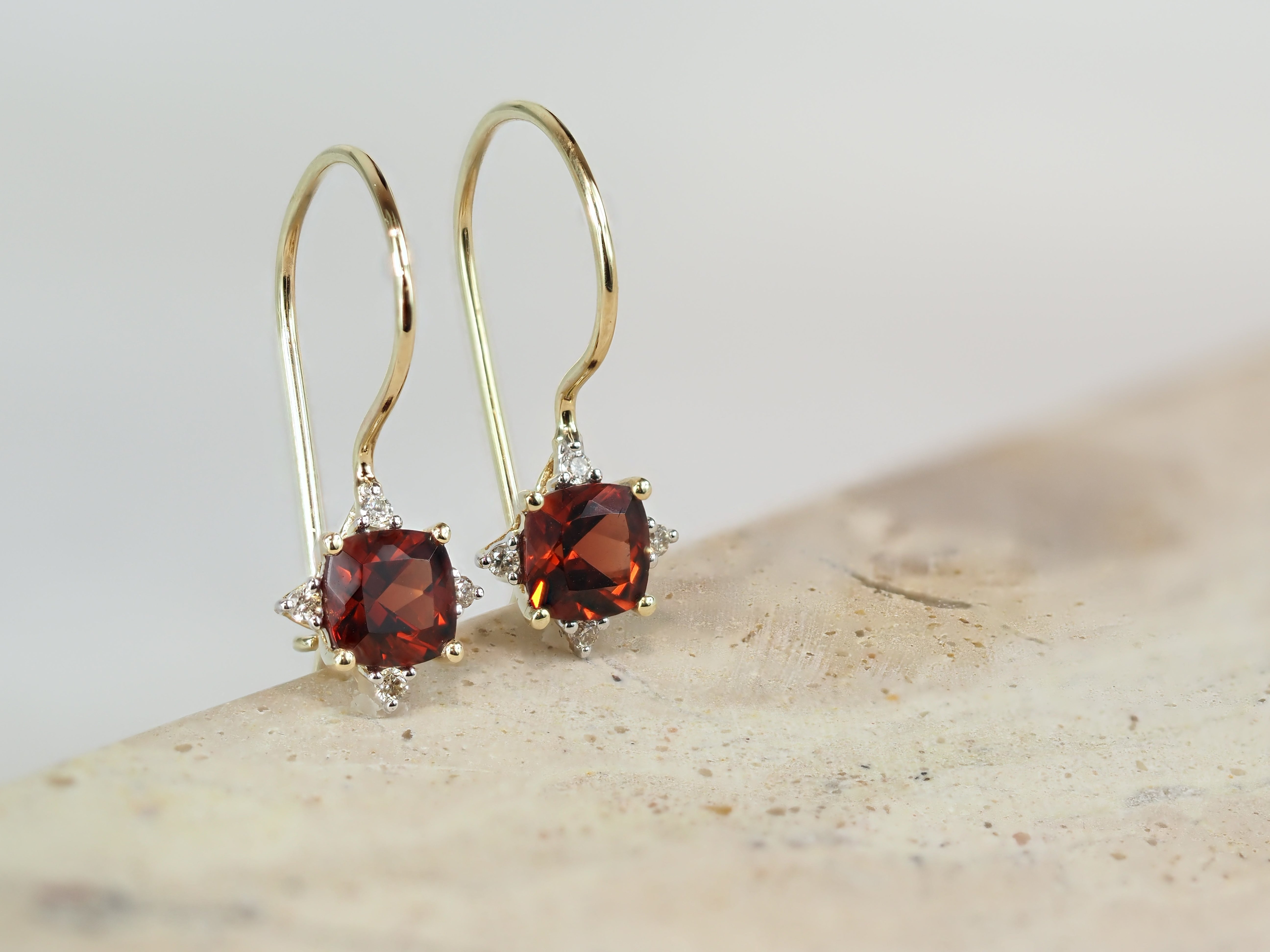 9ct Yellow Gold Garnet and Diamond Shepherd Hook Earrings