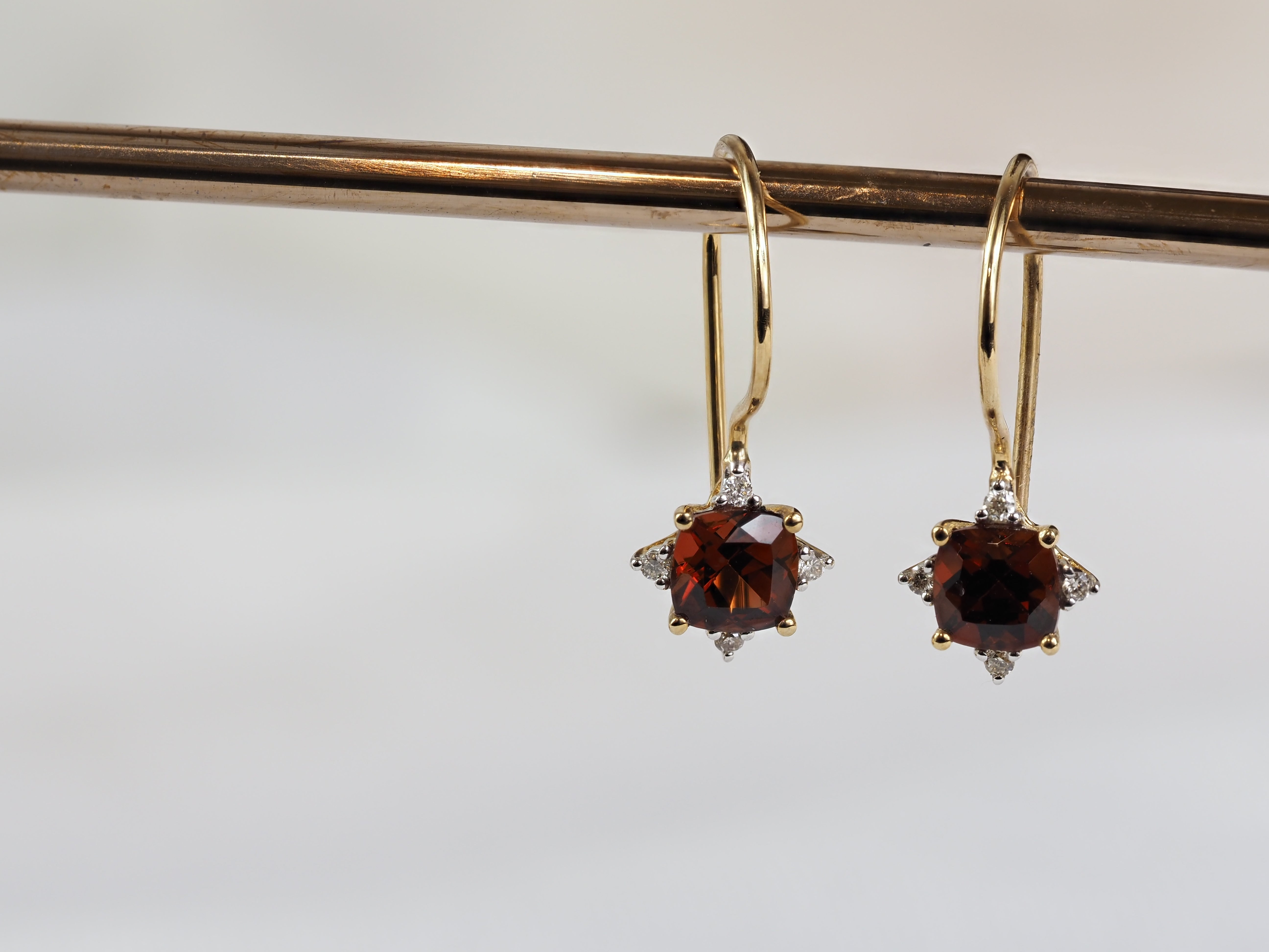 9ct Yellow Gold Garnet and Diamond Shepherd Hook Earrings