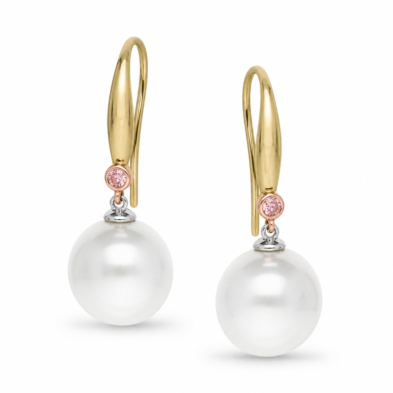 9ct Yellow, Rose and White Gold South-Sea Pearl and 'Pink Caviar' Argyle Diamond Earrings, 10mm