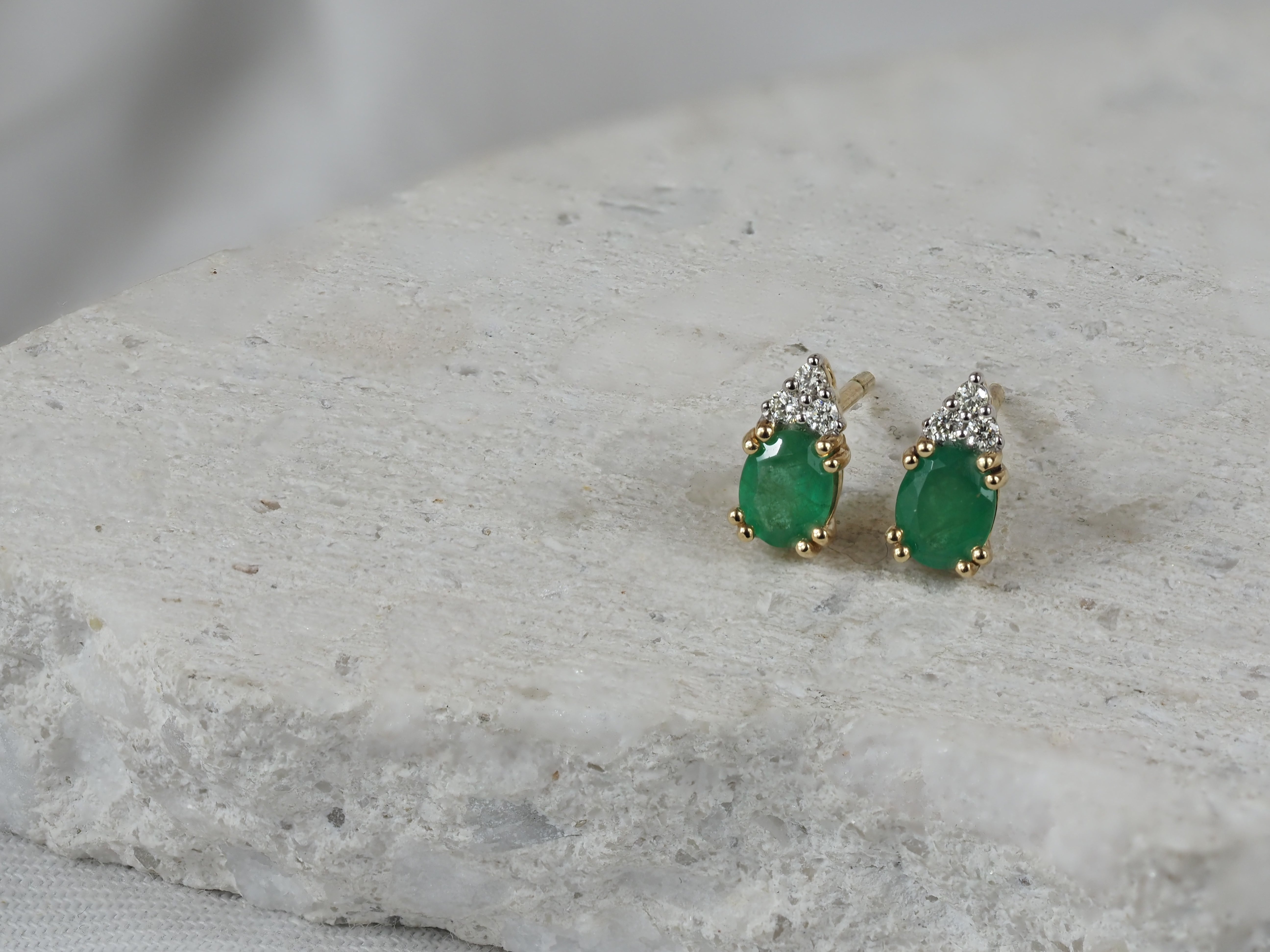9ct Yellow Gold Emerald and Diamond Stud Earrings