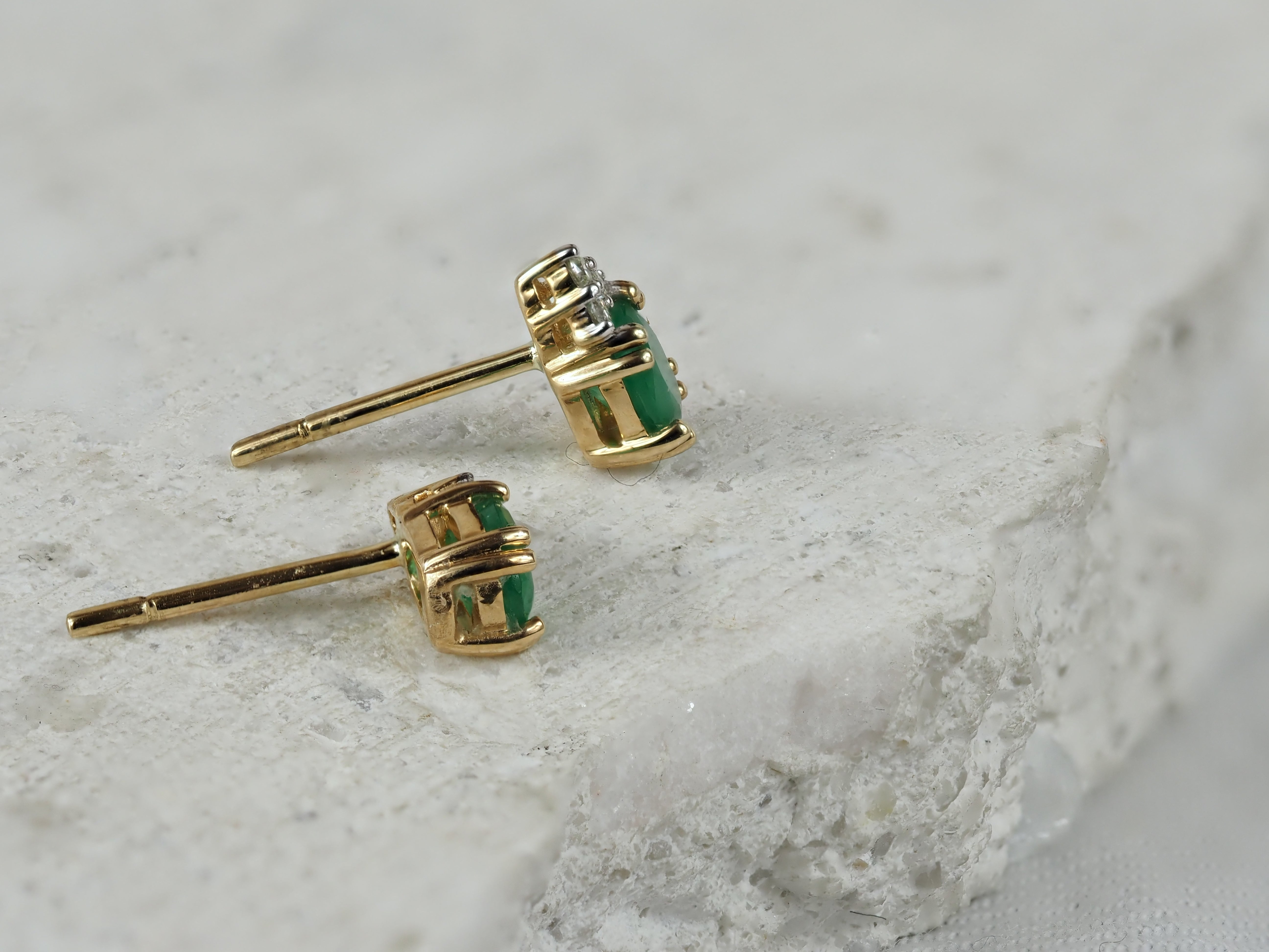 9ct Yellow Gold Emerald and Diamond Stud Earrings