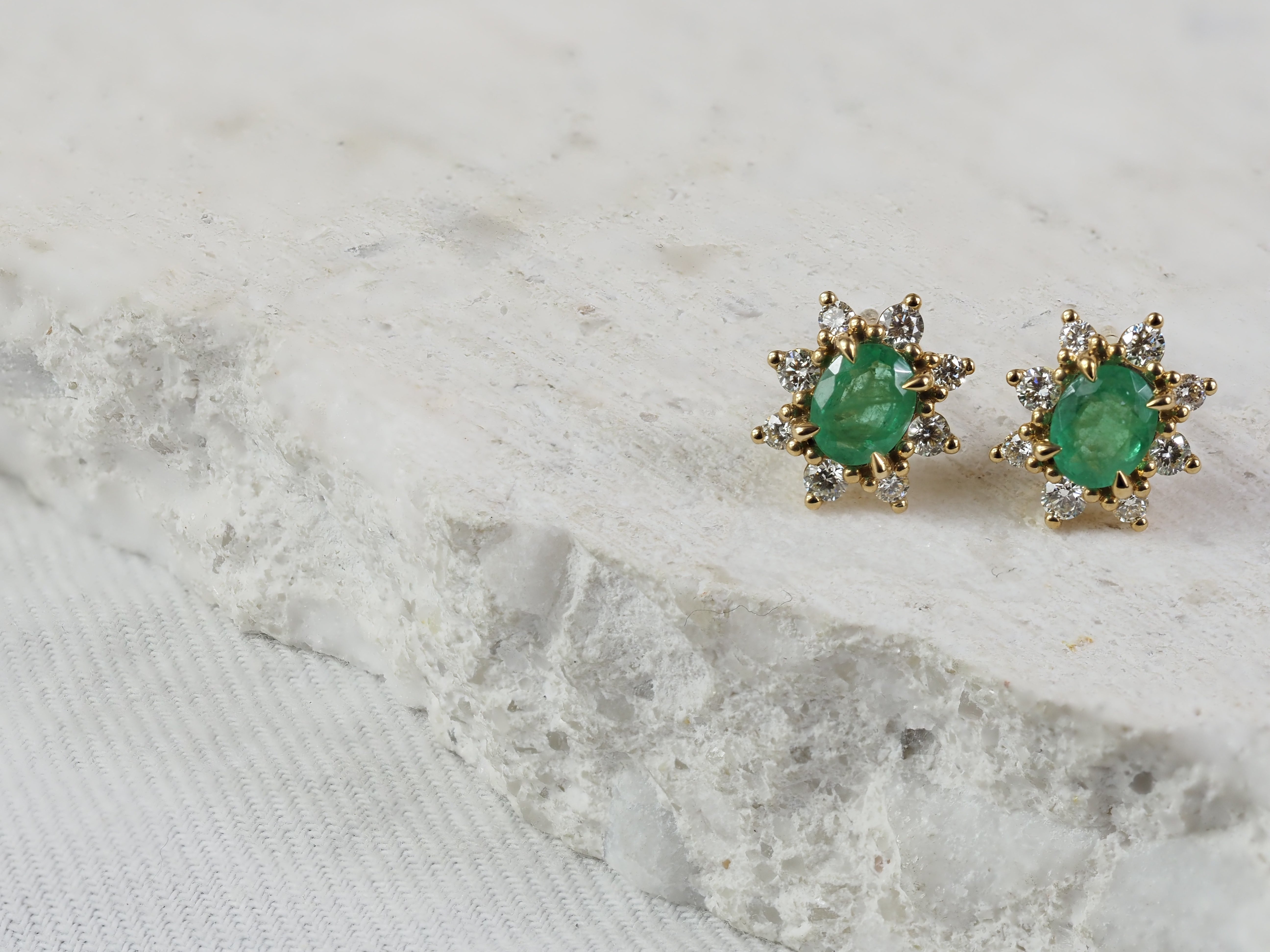 9ct Yellow Gold Emerald and Diamond Stud Earrings