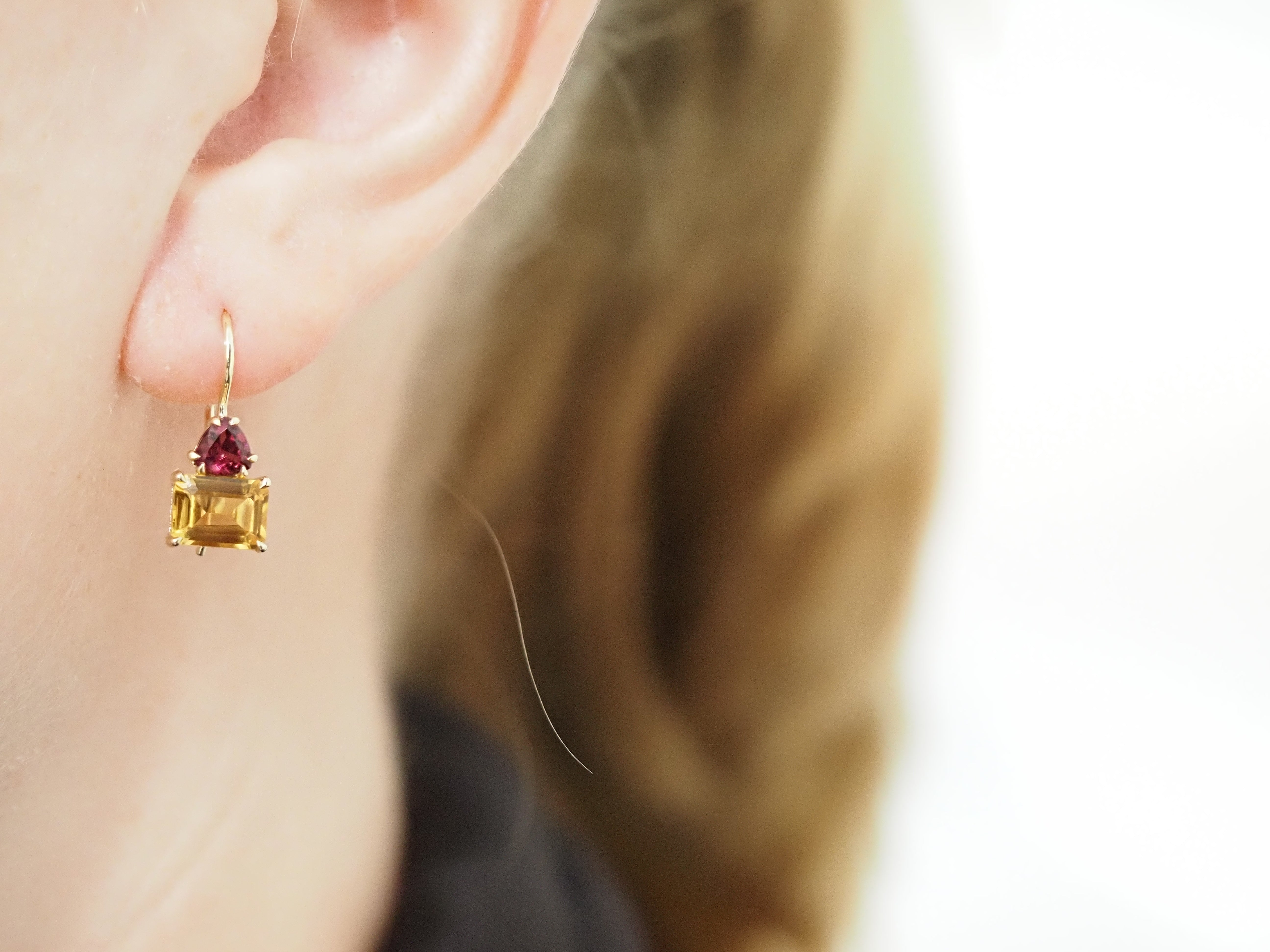 9ct Yellow Gold Citrine and Rhodolite Garnet Shepard Hook Earrings