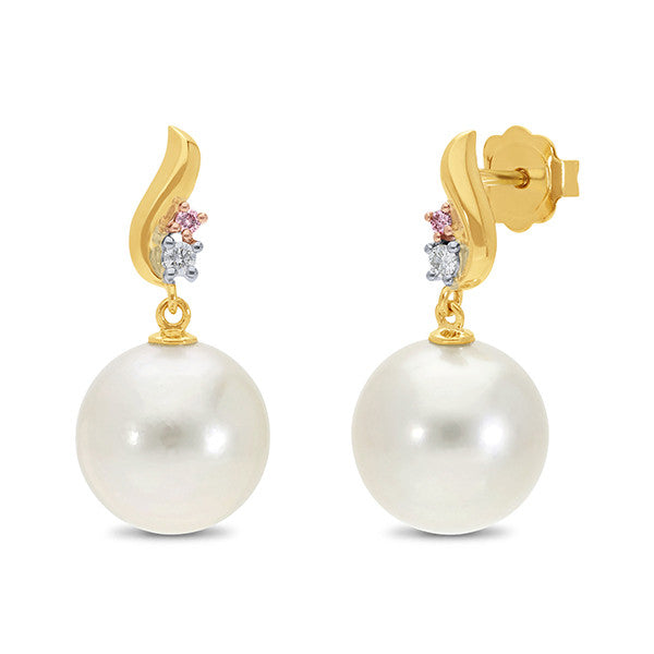 9ct Yellow, Rose and White Gold Pink Diamond and South Sea Pearl Stud Drop Earrings
