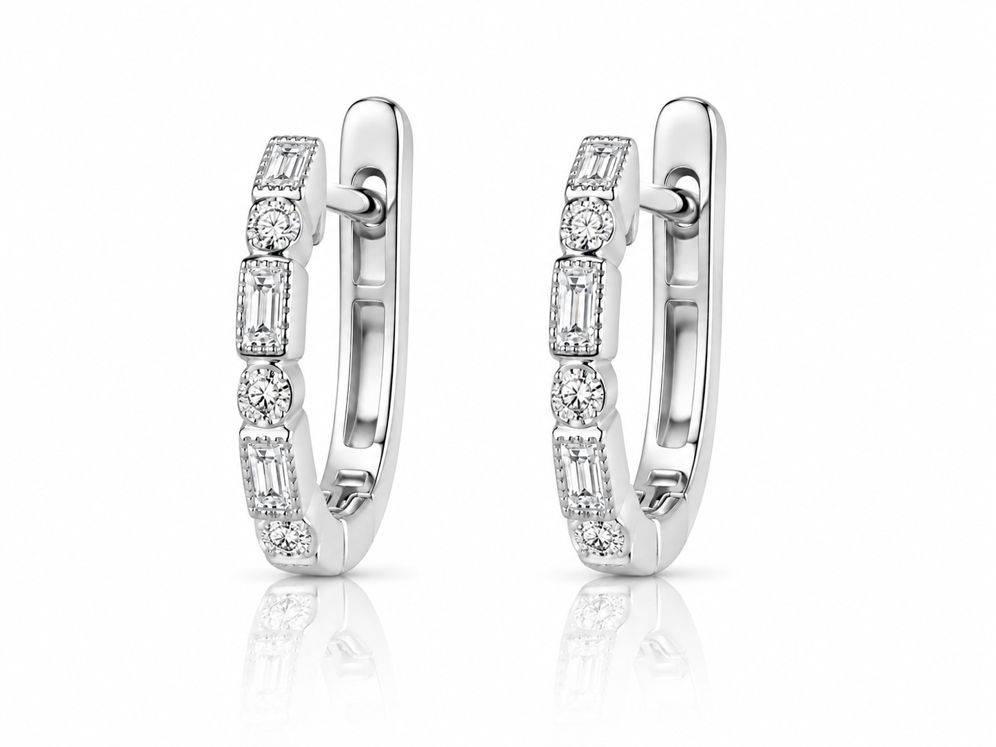 9ct White Gold Round and Baguette Diamond Huggie Earrings