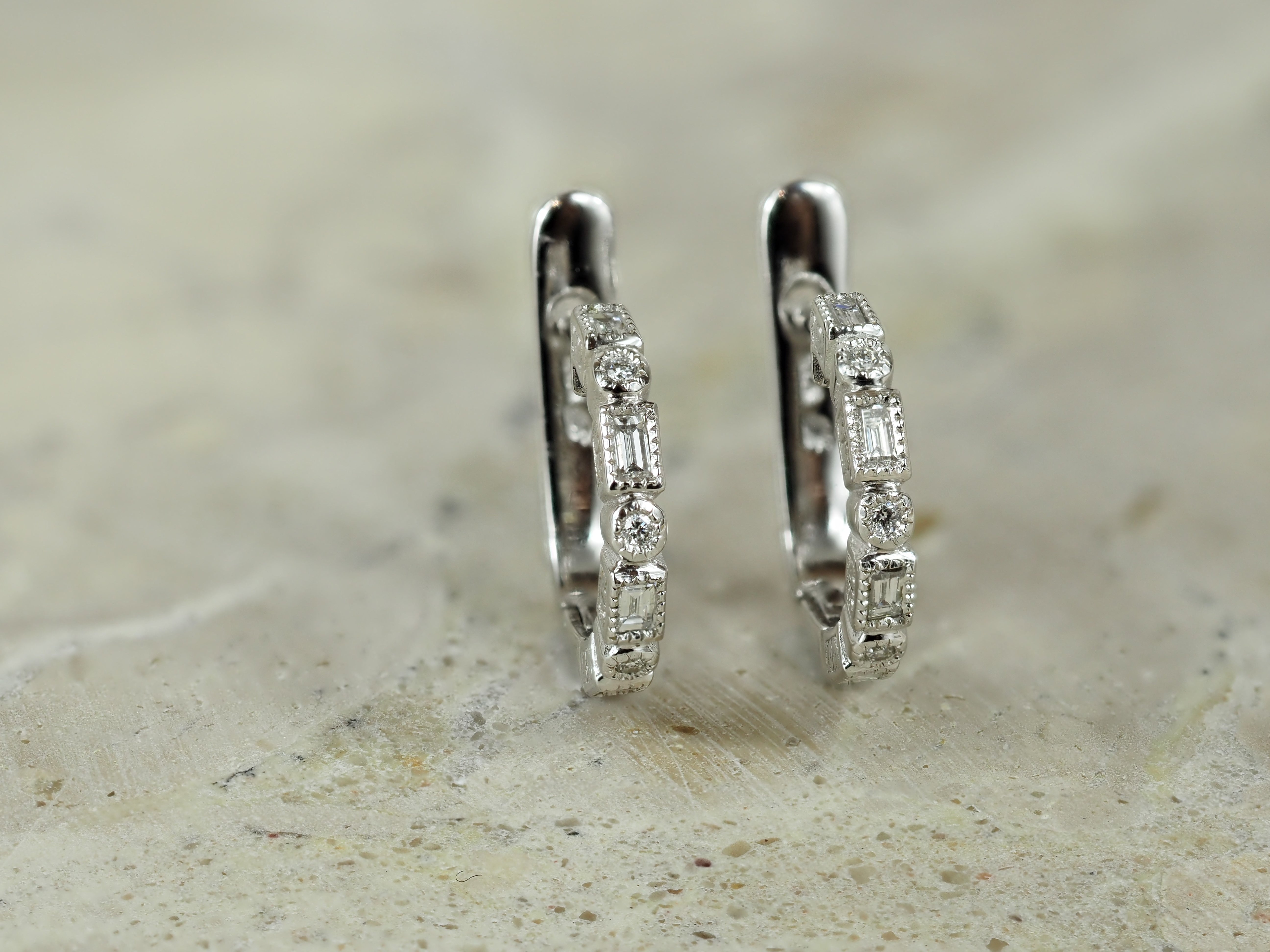9ct White Gold Round and Baguette Diamond Huggie Earrings