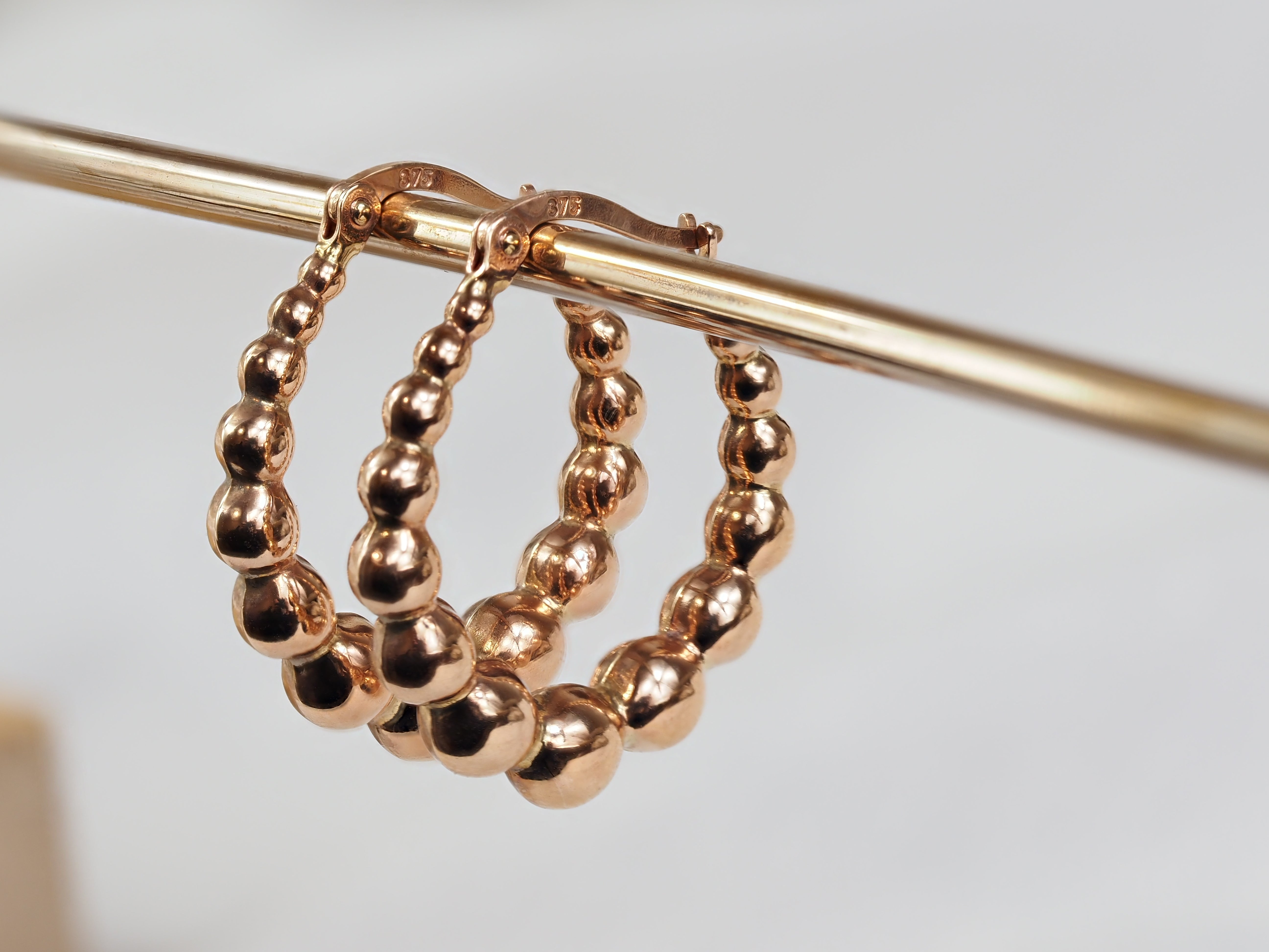 9ct Rose Gold Beaded oval Hoop earrings
