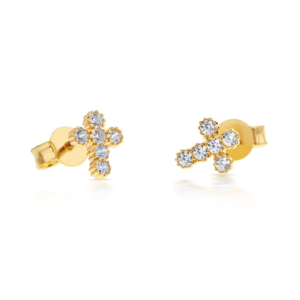 9ct Yellow Gold Mini cross CZ studs