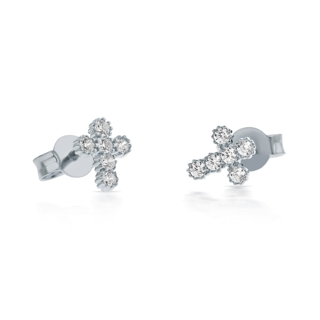 9ct White Gold Cubic Zirconia Mini Cross Stud Earrings
