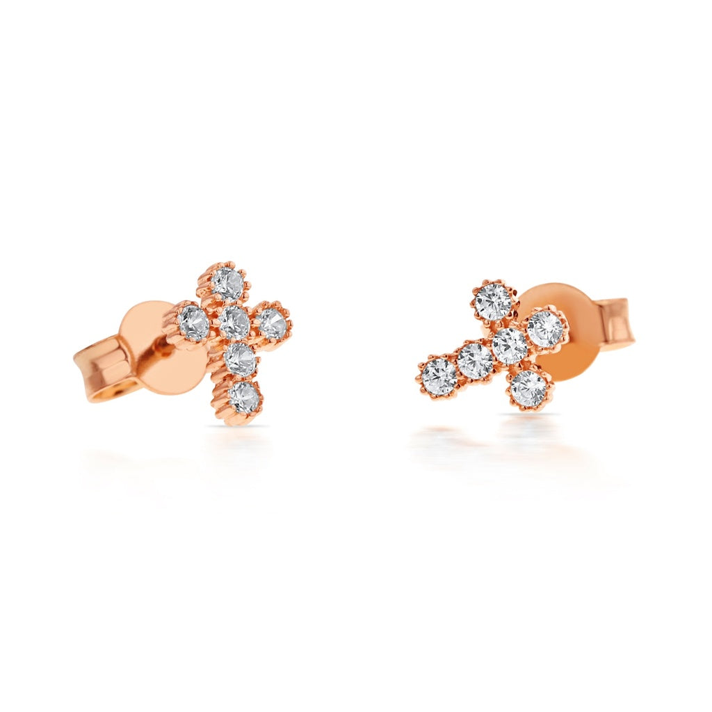 9ct Rose Gold Cubic Zirconia Cross Stud Earrings