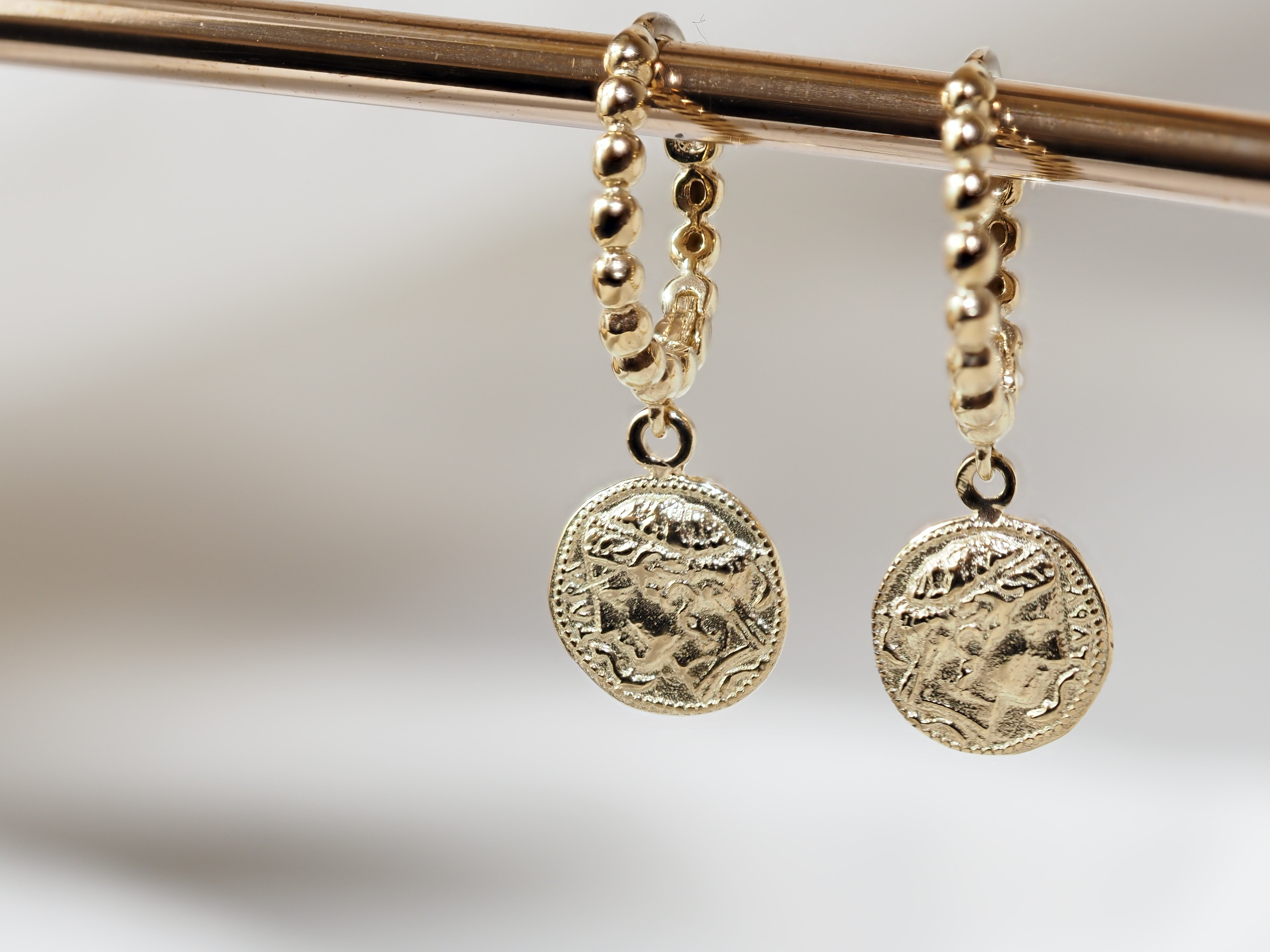 9ct Yellow Gold Greek Medallion Drop Huggie Earrings