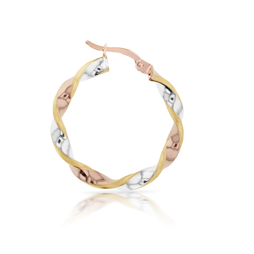 9ct Yellow, Rose and White Gold Twist Hoop Earrings, 25mm