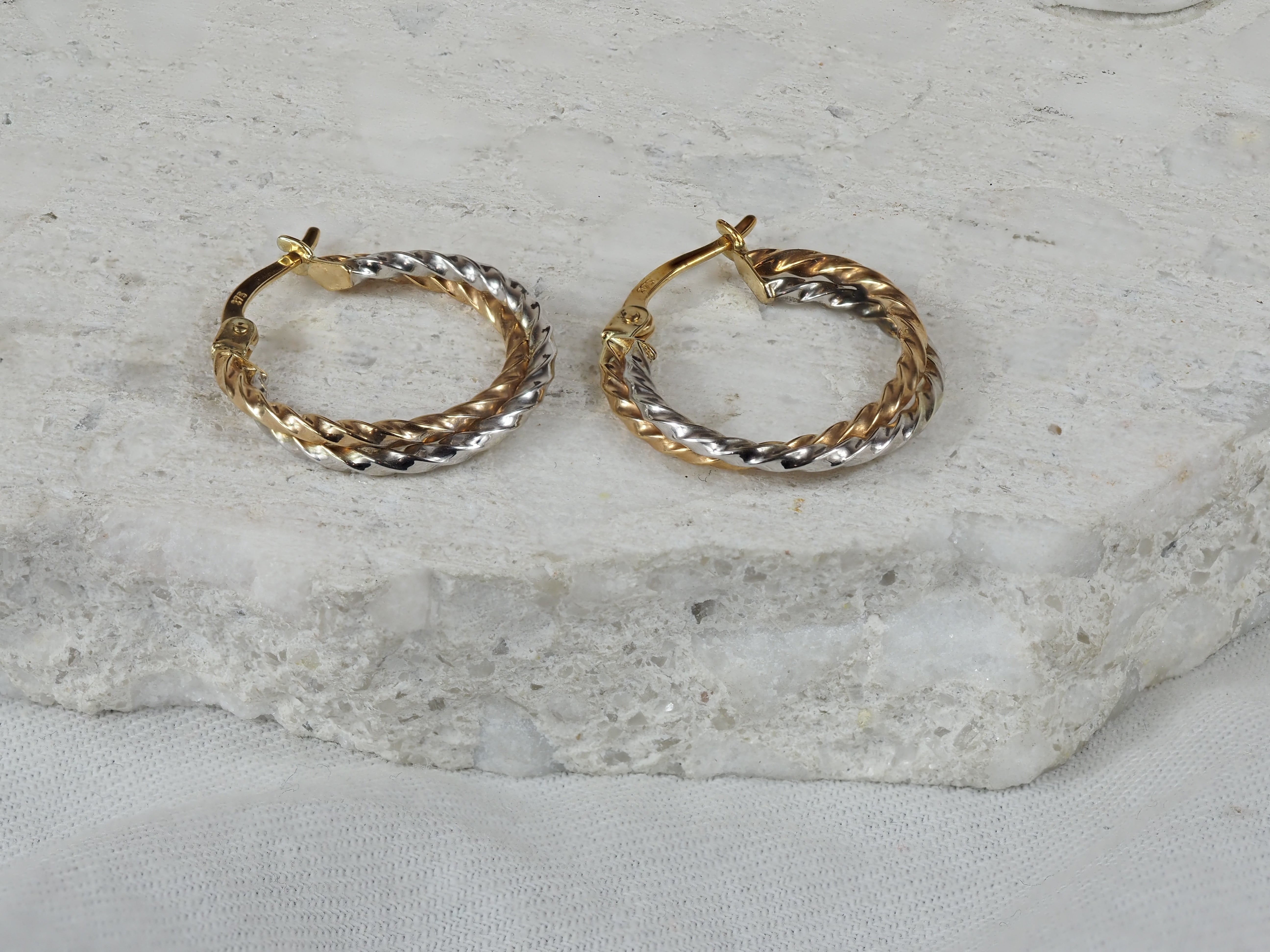 9ct Yellow, Rose and White Gold Twist Hoop Earrings, 25mm