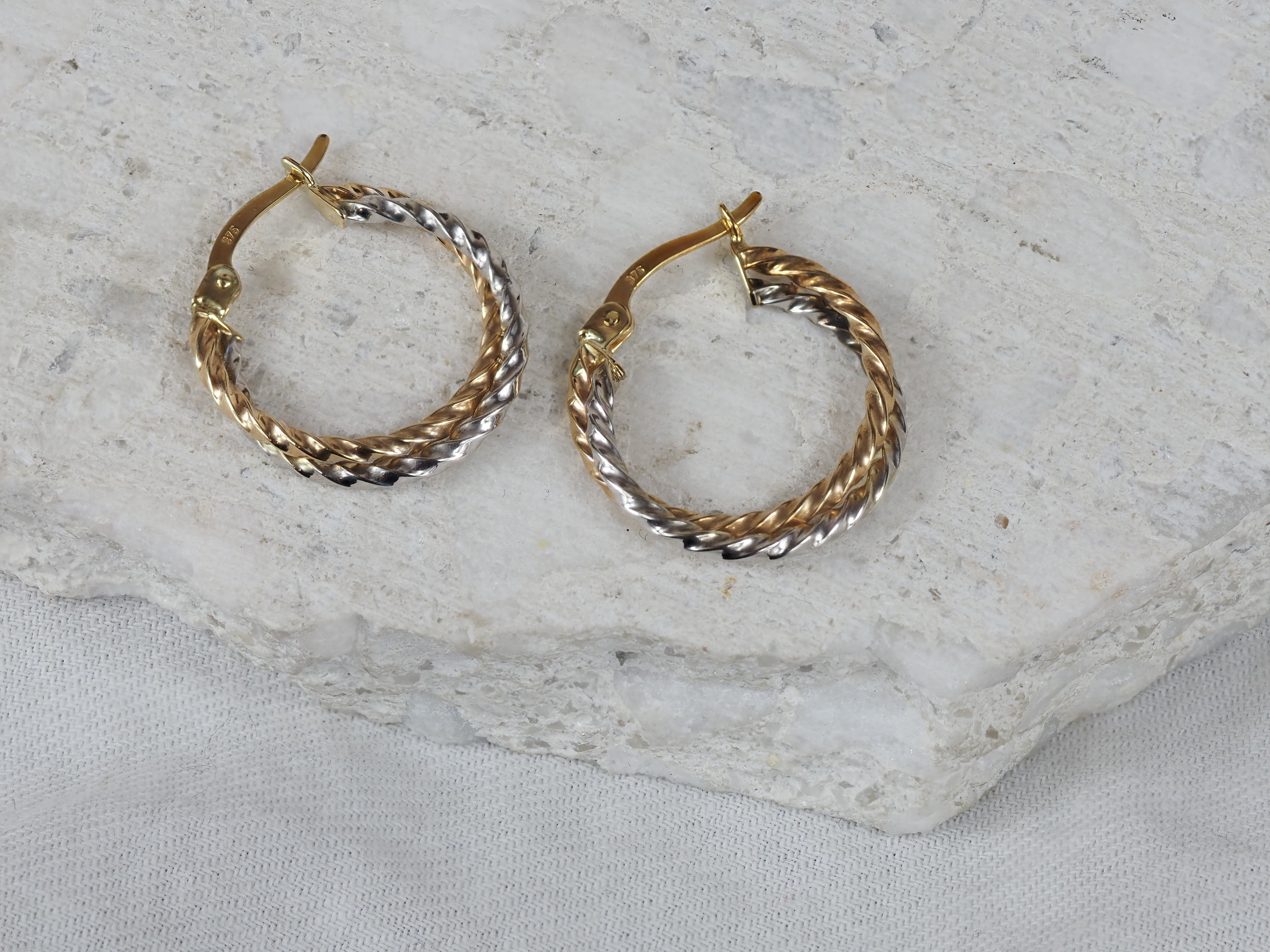 9ct Yellow, Rose and White Gold Twist Hoop Earrings, 25mm