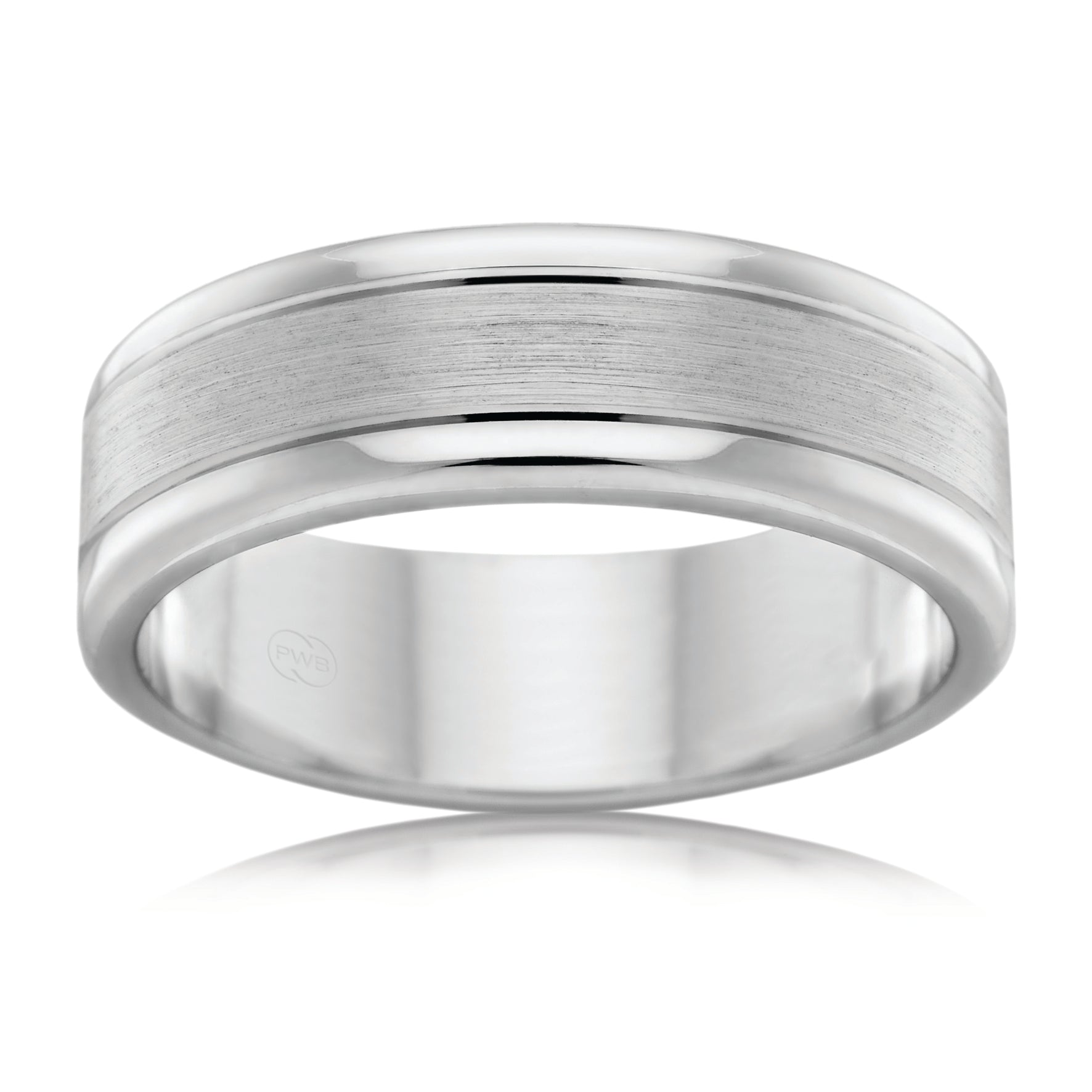 9ct White Gold 7mm Wedding Band, brush centre. size X