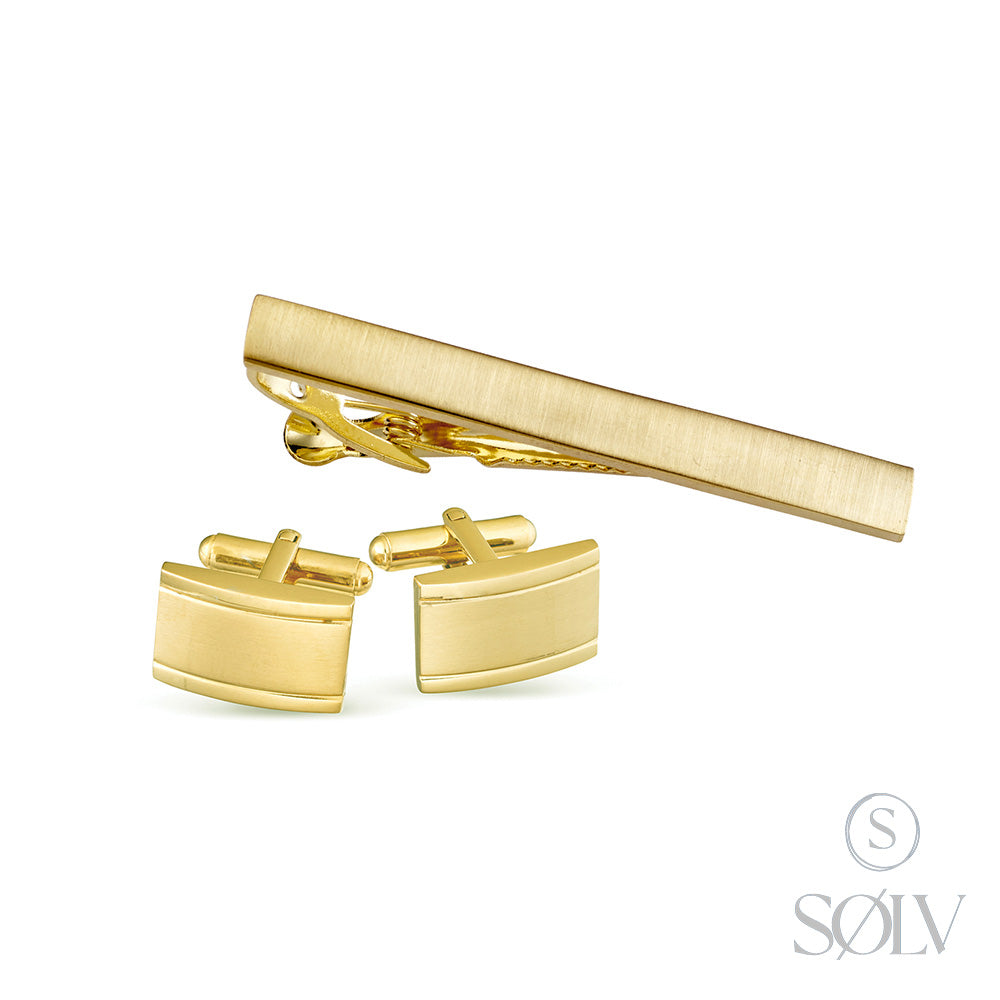 Solv Stainless Steel Gold Plated Tie Bar and Cufflink Set